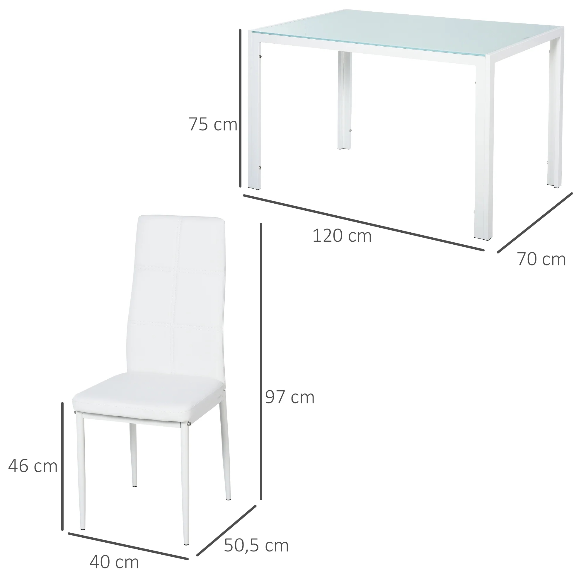 Ensemble table à manger et chaises pour 4 personnes, table de cuisine avec chaises, plateau rectangulaire en verre, structure en métal, pour cuisine salon maison, blanc - Image 4