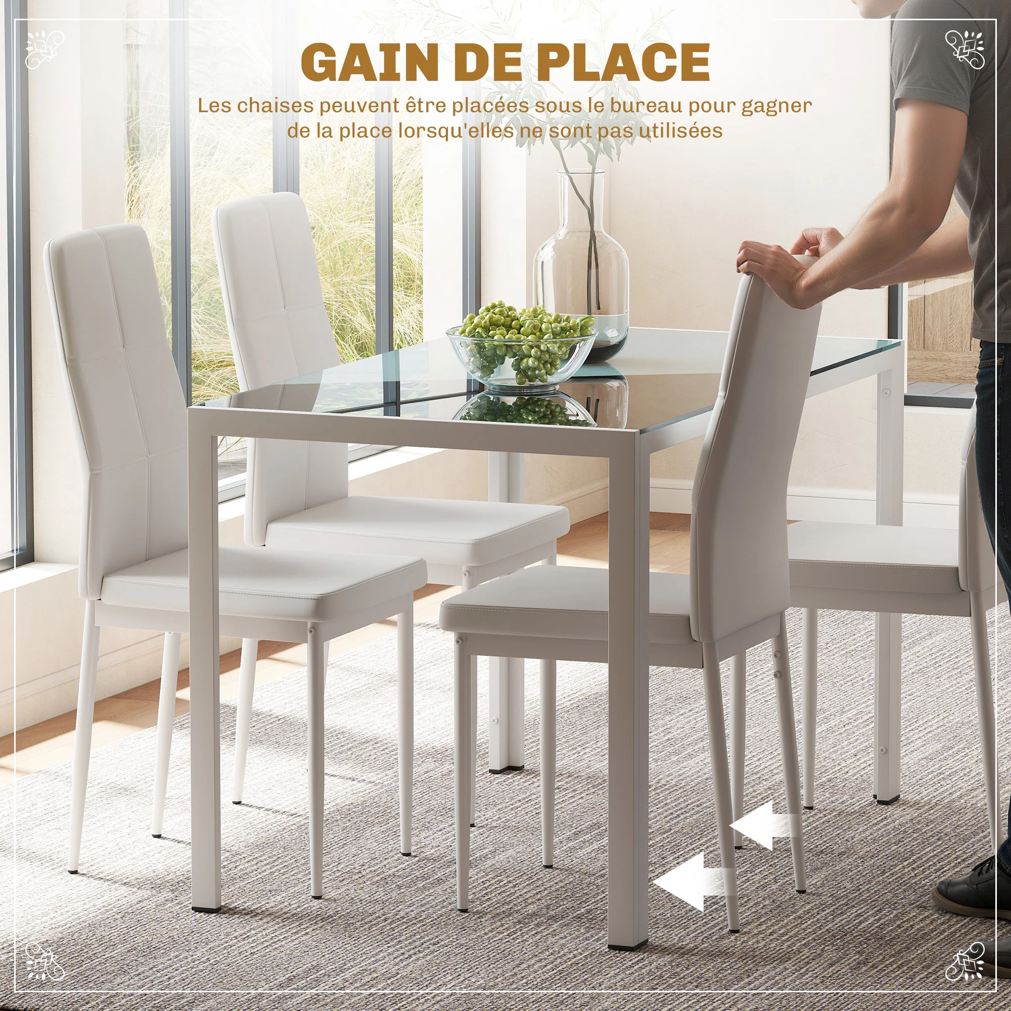 Ensemble table à manger et chaises pour 4 personnes, table de cuisine avec chaises, plateau rectangulaire en verre, structure en métal, pour cuisine salon maison, blanc - Image 5