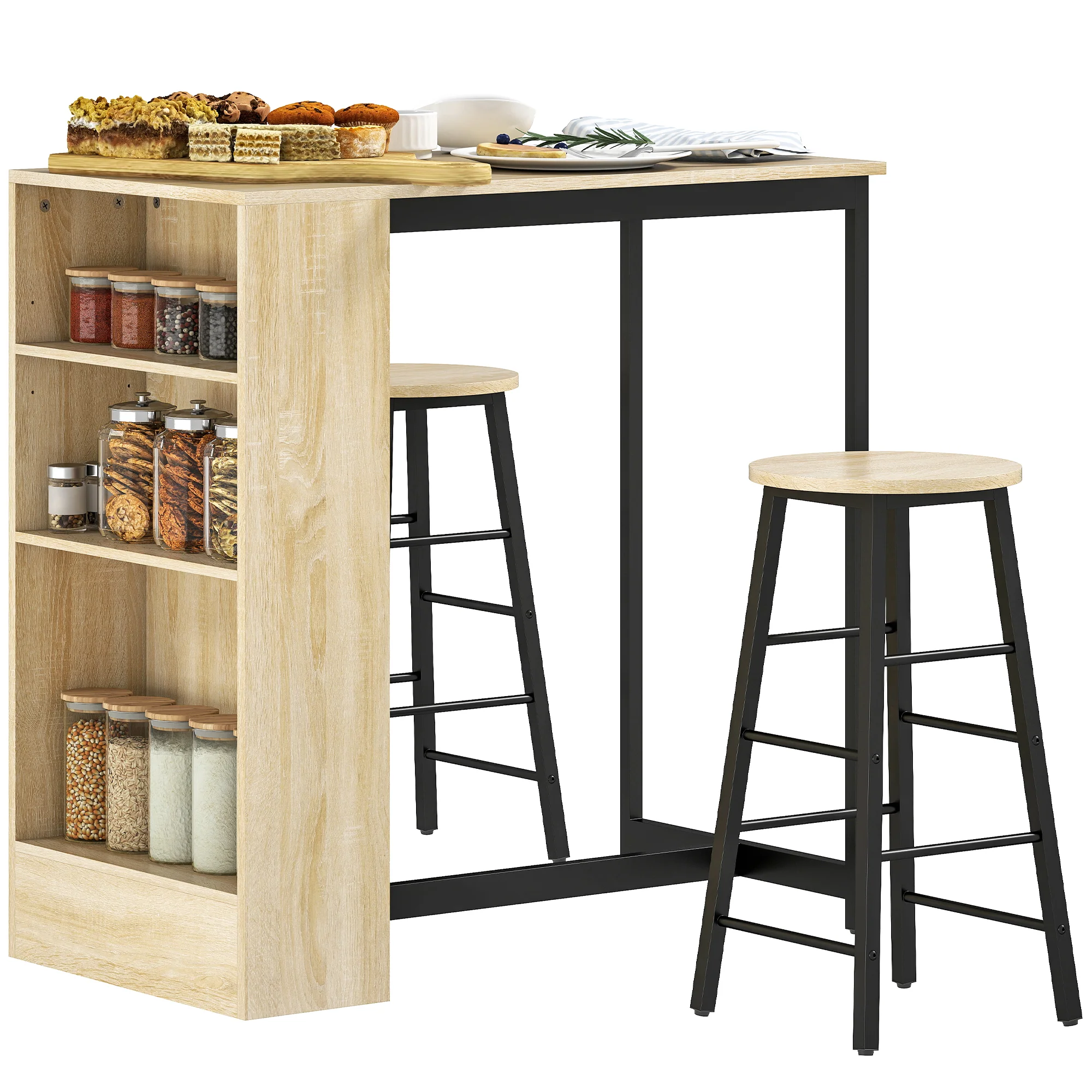 Ensemble table de bar avec tabourets, table à manger debout avec 2 chaises de bar avec compartiments ouverts, étagère réglable et repose-pieds, pour pour salle à manger, cuisine, chêne et noir - Image 11