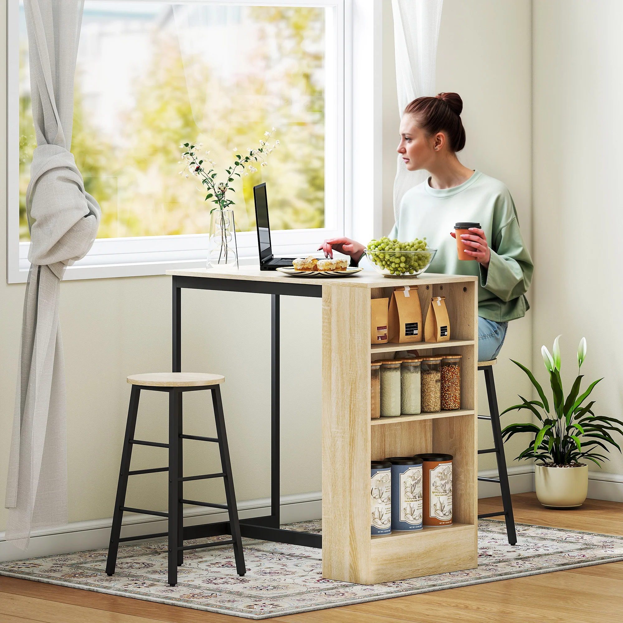 Ensemble table de bar avec tabourets, table à manger debout avec 2 chaises de bar avec compartiments ouverts, étagère réglable et repose-pieds, pour pour salle à manger, cuisine, chêne et noir - Image 3