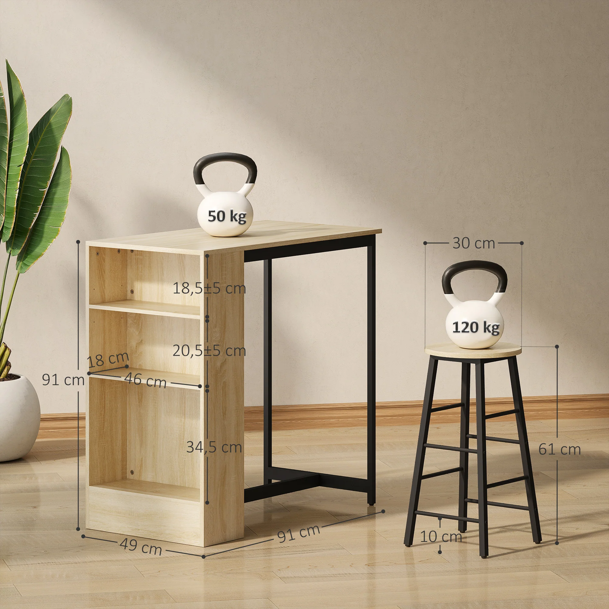 Ensemble table de bar avec tabourets, table à manger debout avec 2 chaises de bar avec compartiments ouverts, étagère réglable et repose-pieds, pour pour salle à manger, cuisine, chêne et noir - Image 4