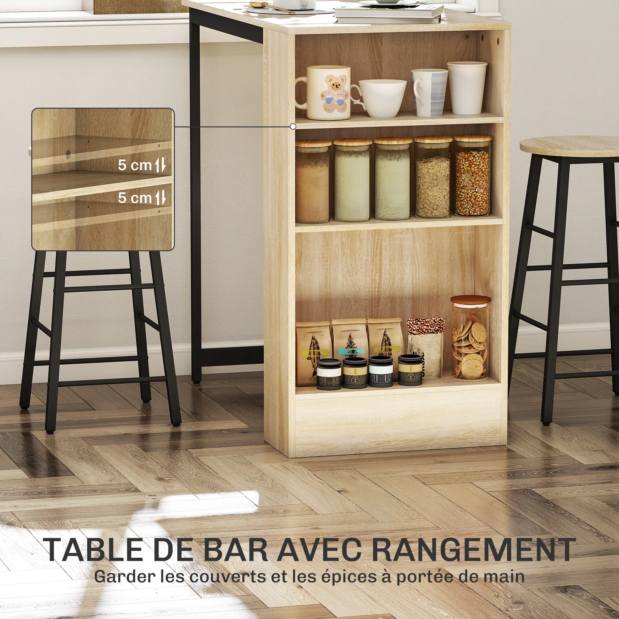 Ensemble table de bar avec tabourets, table à manger debout avec 2 chaises de bar avec compartiments ouverts, étagère réglable et repose-pieds, pour pour salle à manger, cuisine, chêne et noir - Image 5