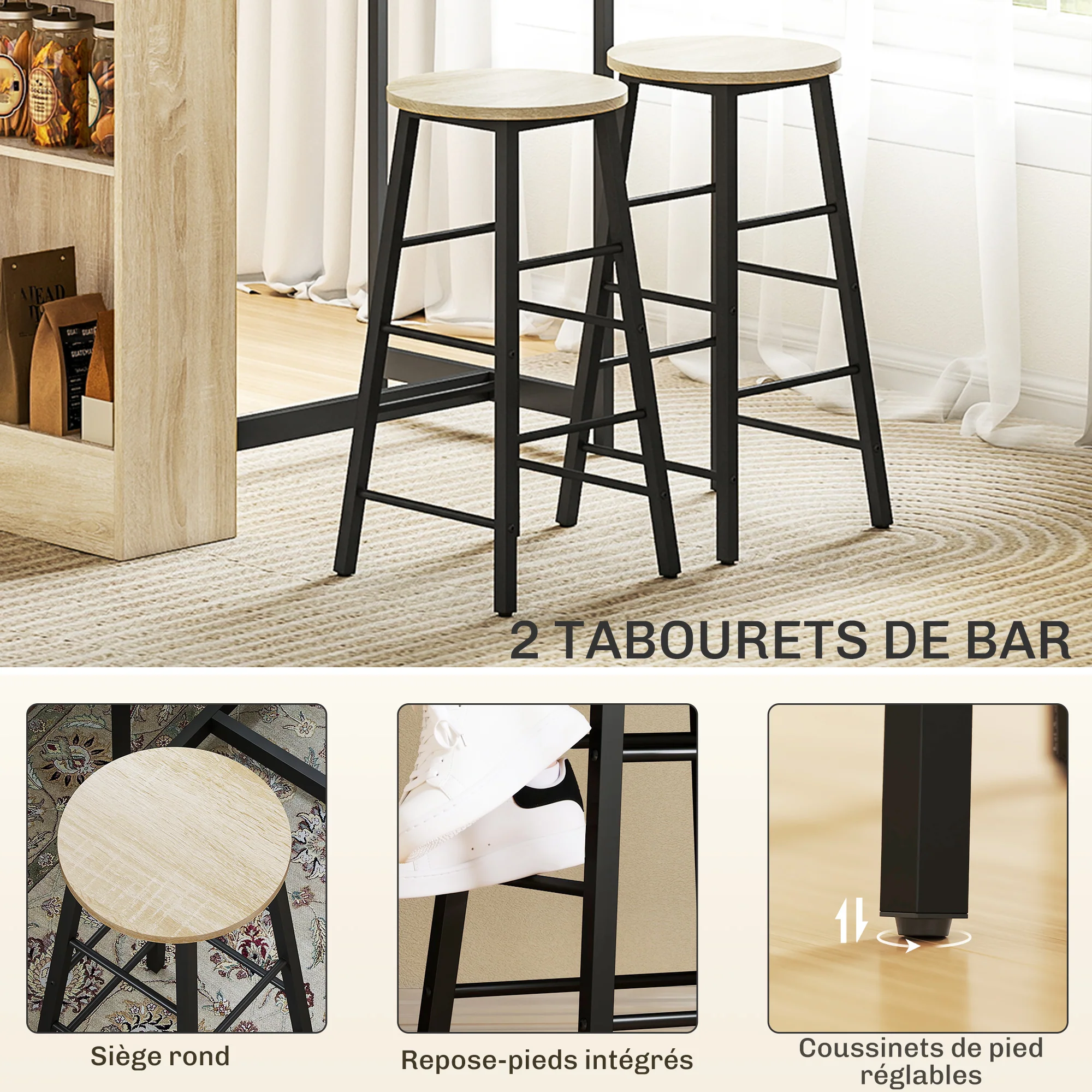 Ensemble table de bar avec tabourets, table à manger debout avec 2 chaises de bar avec compartiments ouverts, étagère réglable et repose-pieds, pour pour salle à manger, cuisine, chêne et noir - Image 6