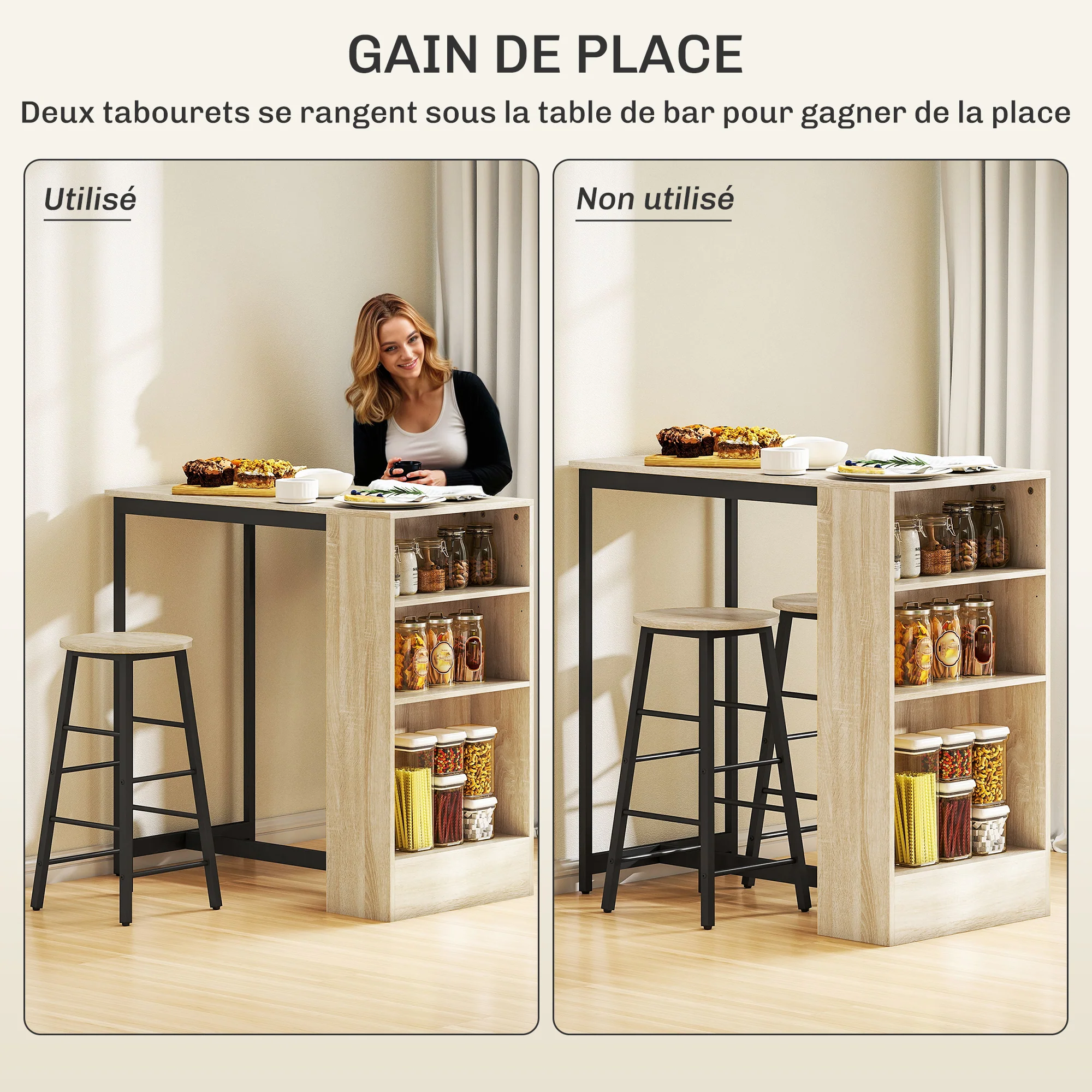 Ensemble table de bar avec tabourets, table à manger debout avec 2 chaises de bar avec compartiments ouverts, étagère réglable et repose-pieds, pour pour salle à manger, cuisine, chêne et noir - Image 7
