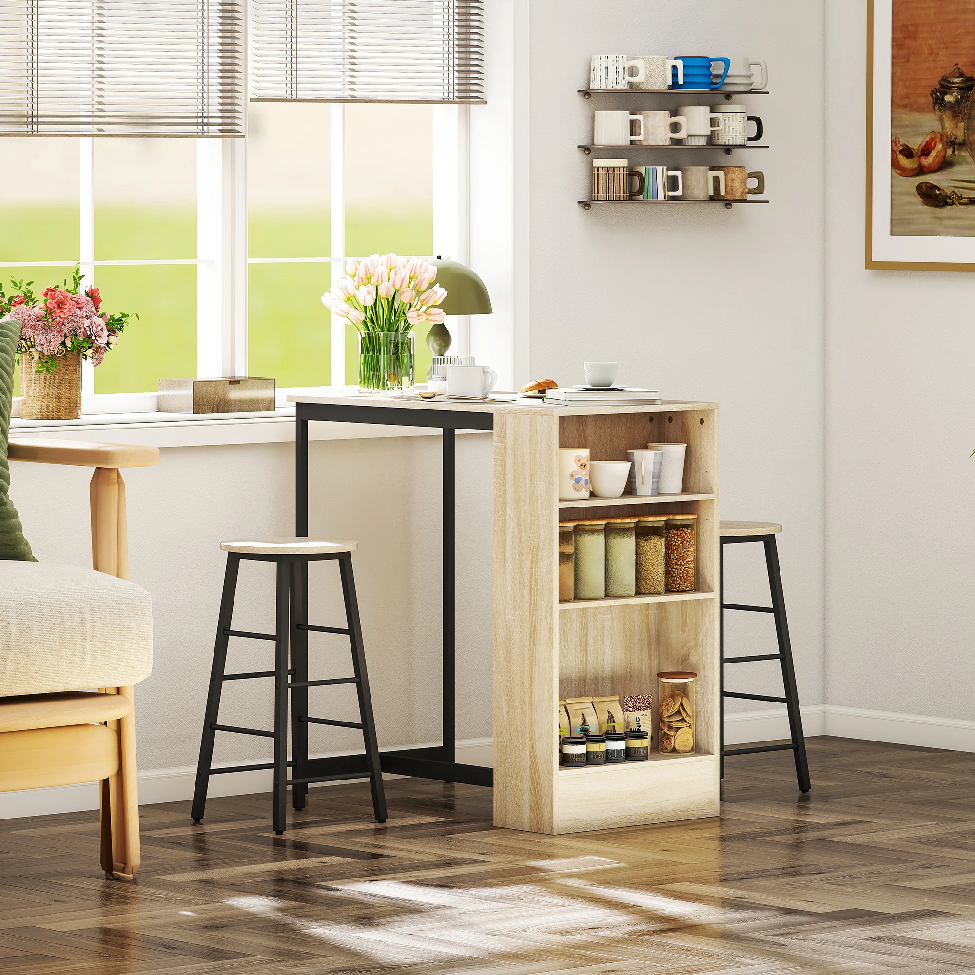 Ensemble table de bar avec tabourets, table à manger debout avec 2 chaises de bar avec compartiments ouverts, étagère réglable et repose-pieds, pour pour salle à manger, cuisine, chêne et noir - Image 8