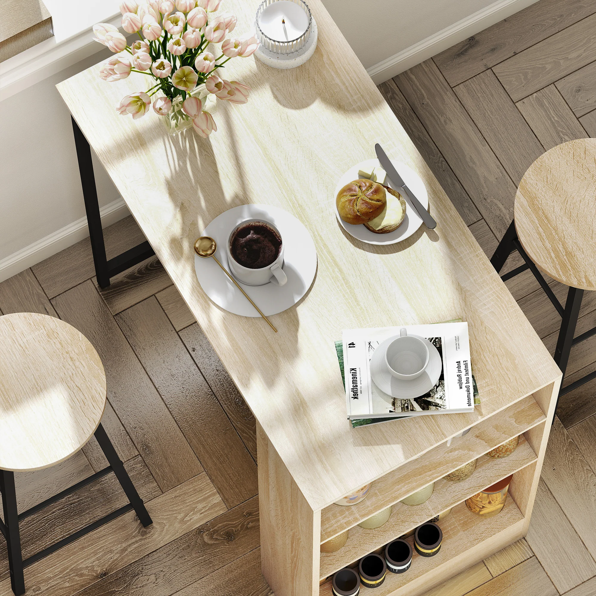 Ensemble table de bar avec tabourets, table à manger debout avec 2 chaises de bar avec compartiments ouverts, étagère réglable et repose-pieds, pour pour salle à manger, cuisine, chêne et noir - Image 9