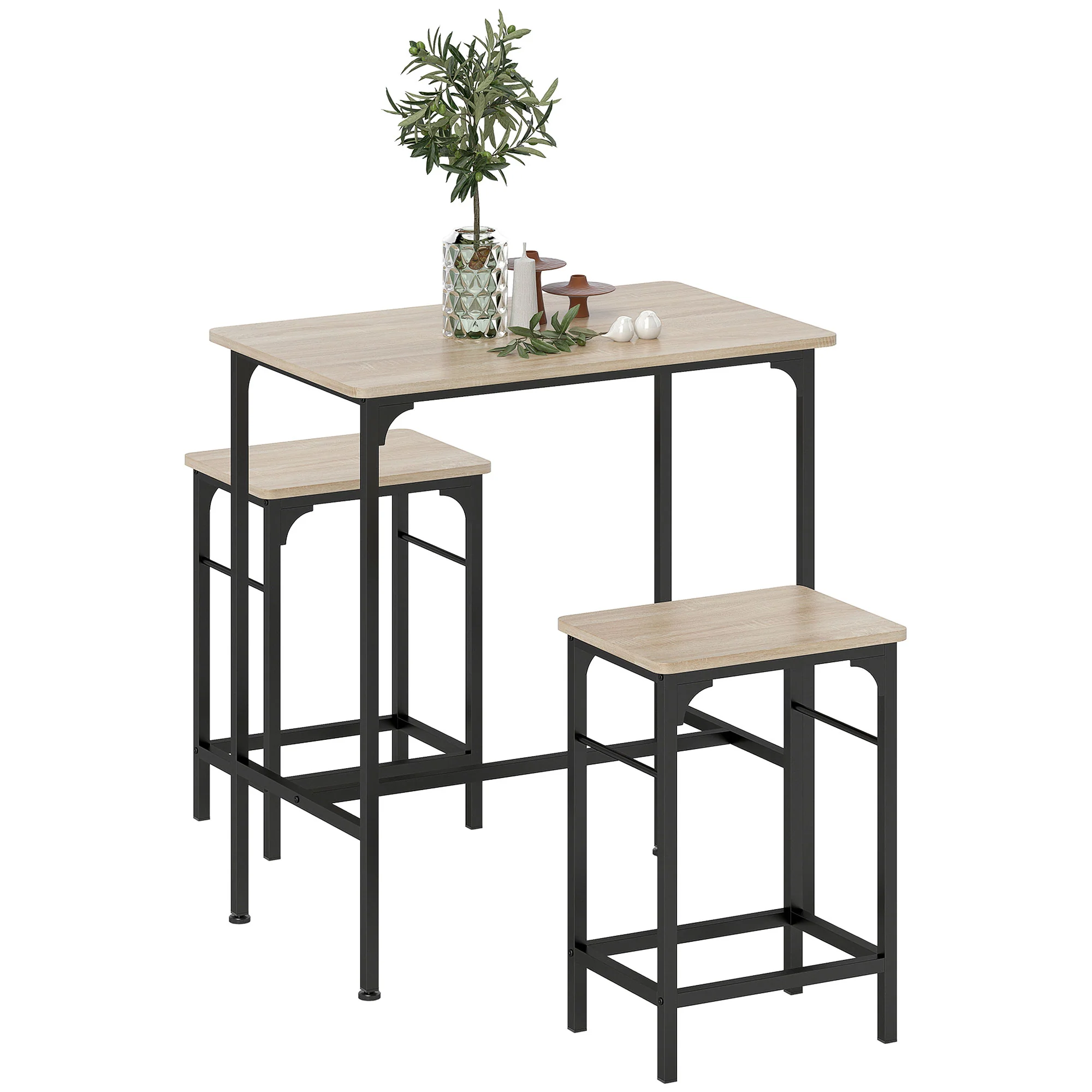 Ensemble table de bar avec tabourets, table à manger debout avec 2 chaises de bar, cadre en acier pour cuisine, salle à manger et salon, effet bois naturel - Image 11