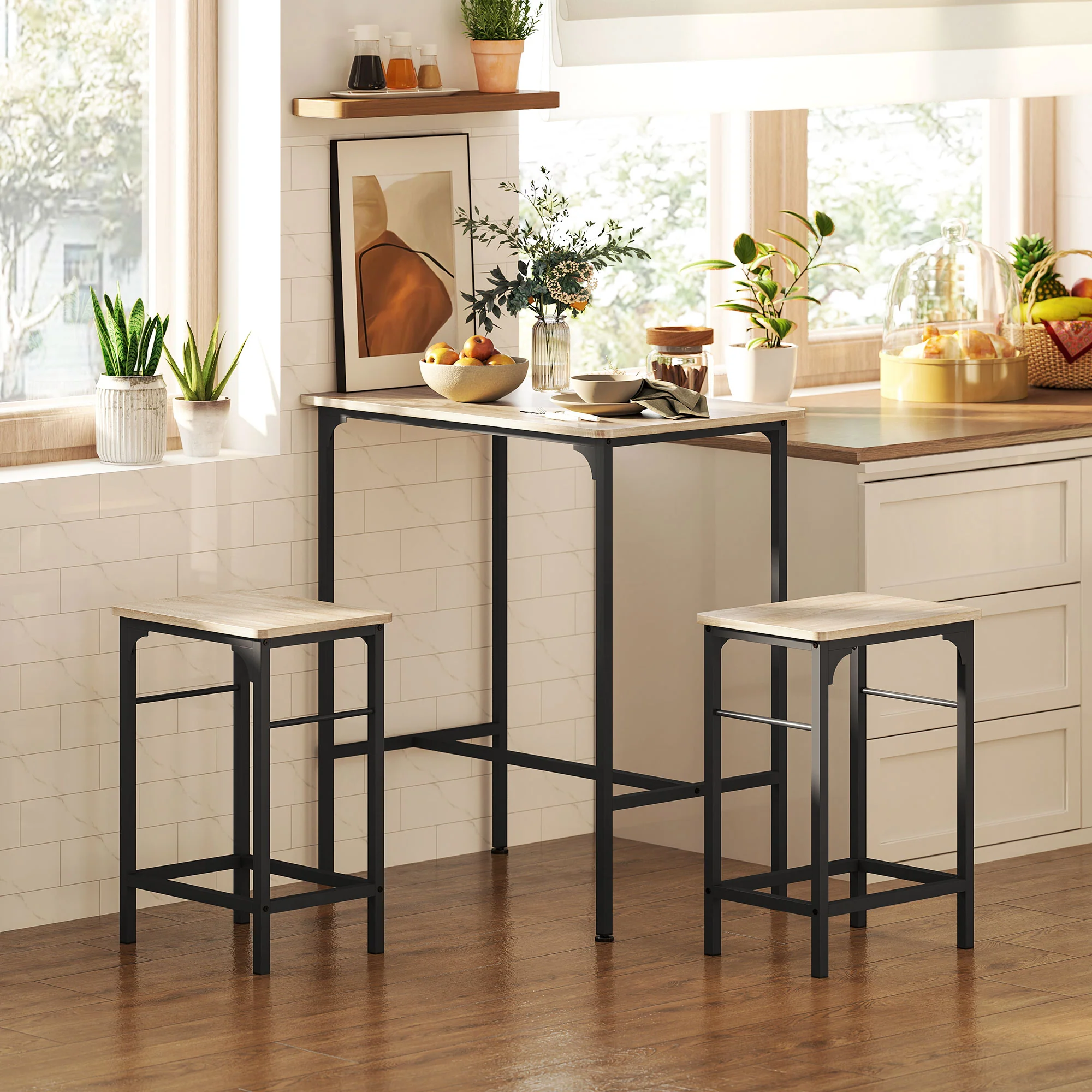 Ensemble table de bar avec tabourets, table à manger debout avec 2 chaises de bar, cadre en acier pour cuisine, salle à manger et salon, effet bois naturel - Image 3