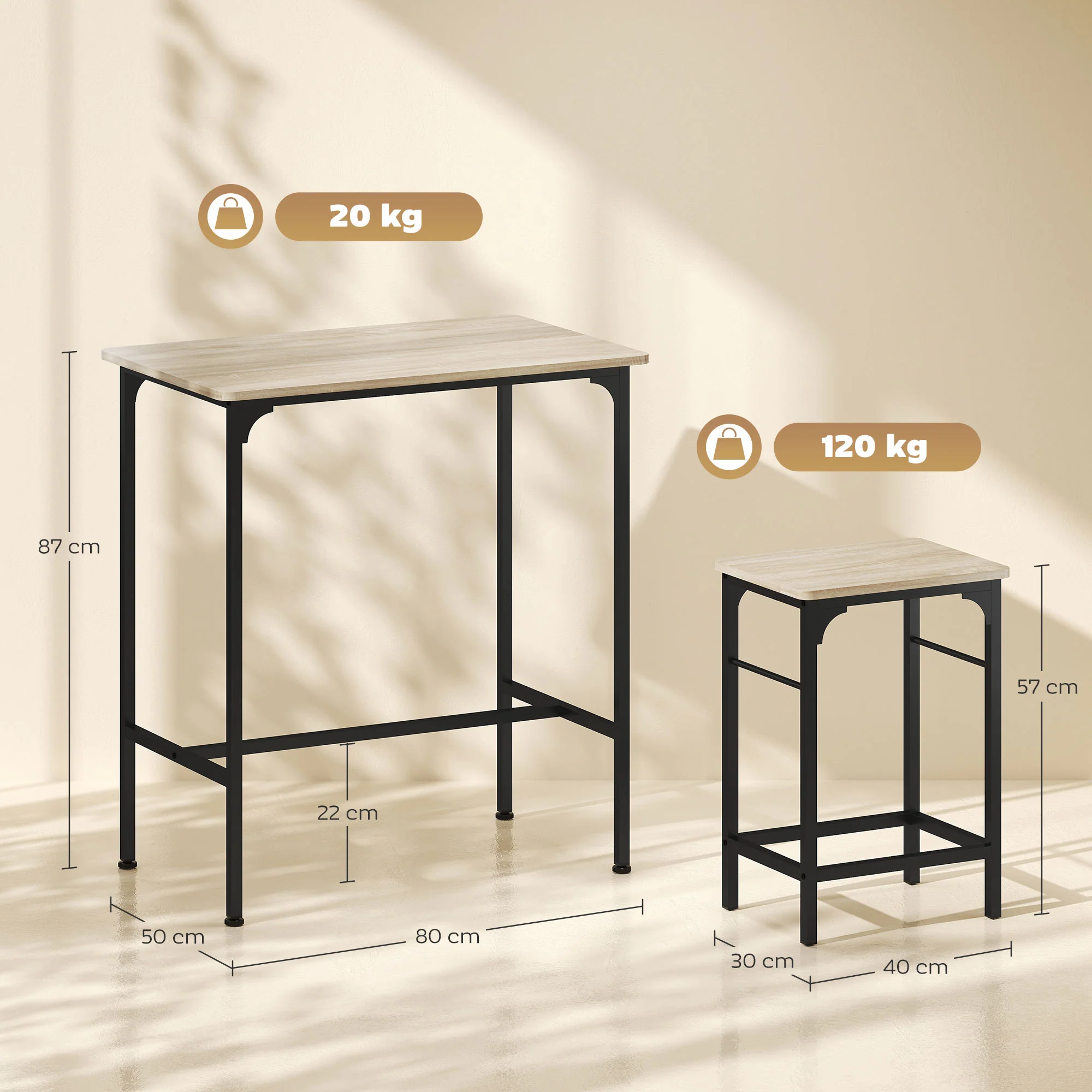 Ensemble table de bar avec tabourets, table à manger debout avec 2 chaises de bar, cadre en acier pour cuisine, salle à manger et salon, effet bois naturel - Image 4