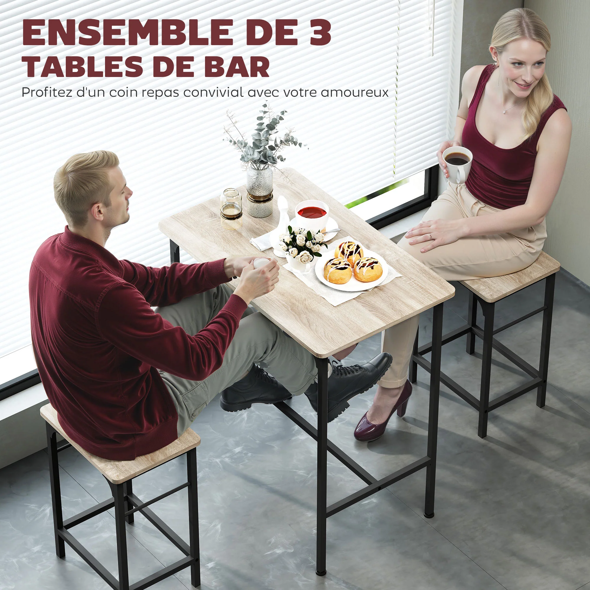 Ensemble table de bar avec tabourets, table à manger debout avec 2 chaises de bar, cadre en acier pour cuisine, salle à manger et salon, effet bois naturel - Image 5