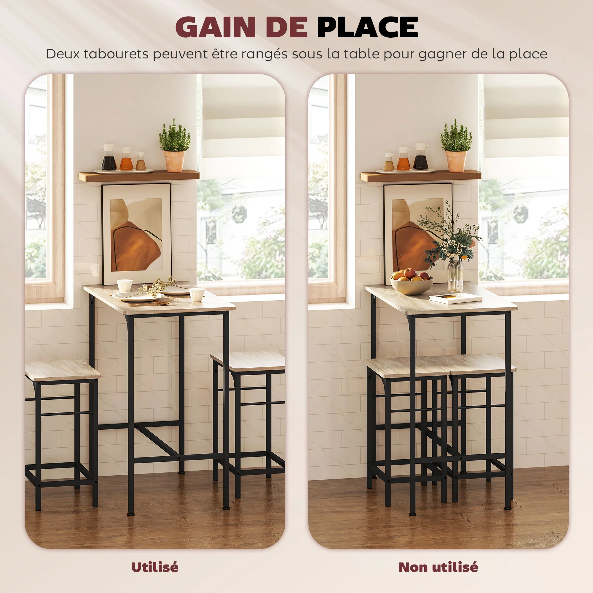 Ensemble table de bar avec tabourets, table à manger debout avec 2 chaises de bar, cadre en acier pour cuisine, salle à manger et salon, effet bois naturel - Image 6