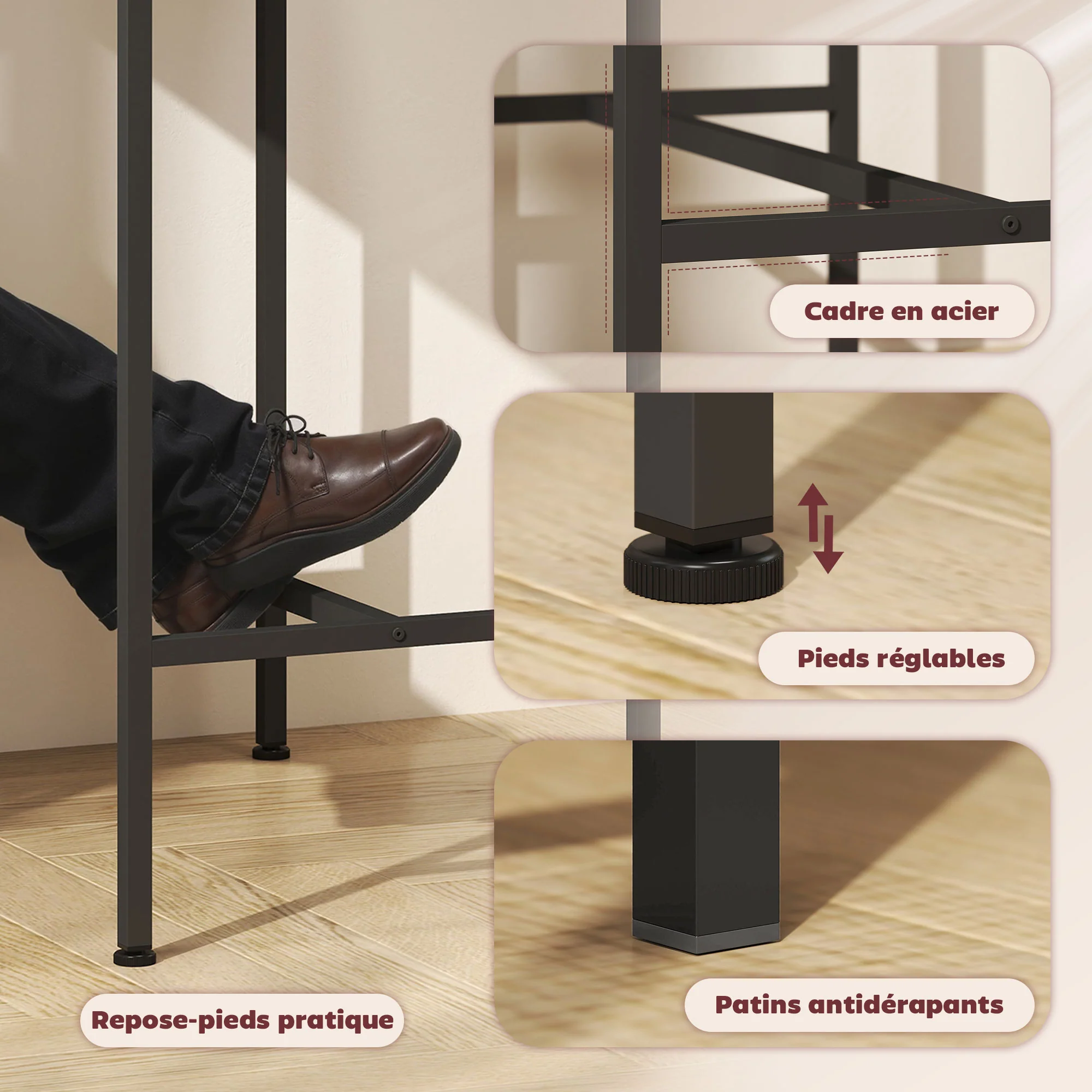 Ensemble table de bar avec tabourets, table à manger debout avec 2 chaises de bar, cadre en acier pour cuisine, salle à manger et salon, effet bois naturel - Image 7