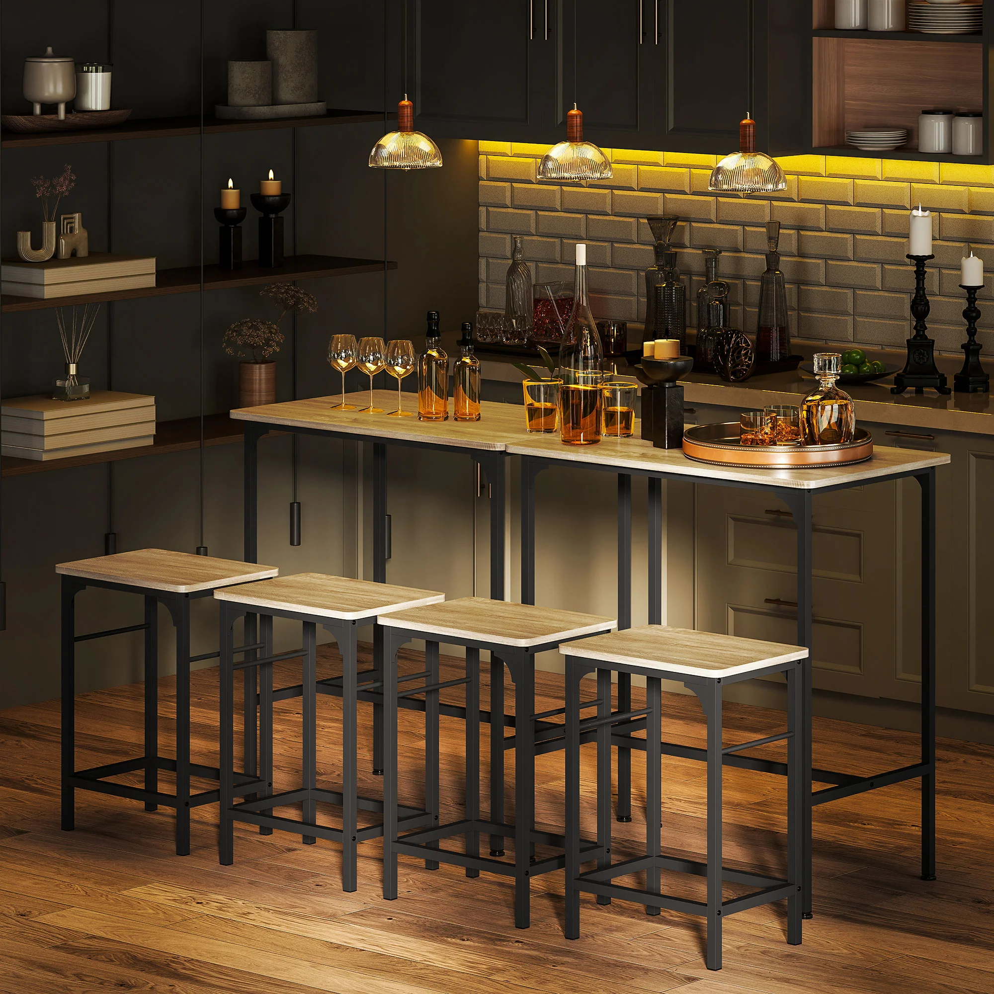 Ensemble table de bar avec tabourets, table à manger debout avec 2 chaises de bar, cadre en acier pour cuisine, salle à manger et salon, effet bois naturel - Image 8
