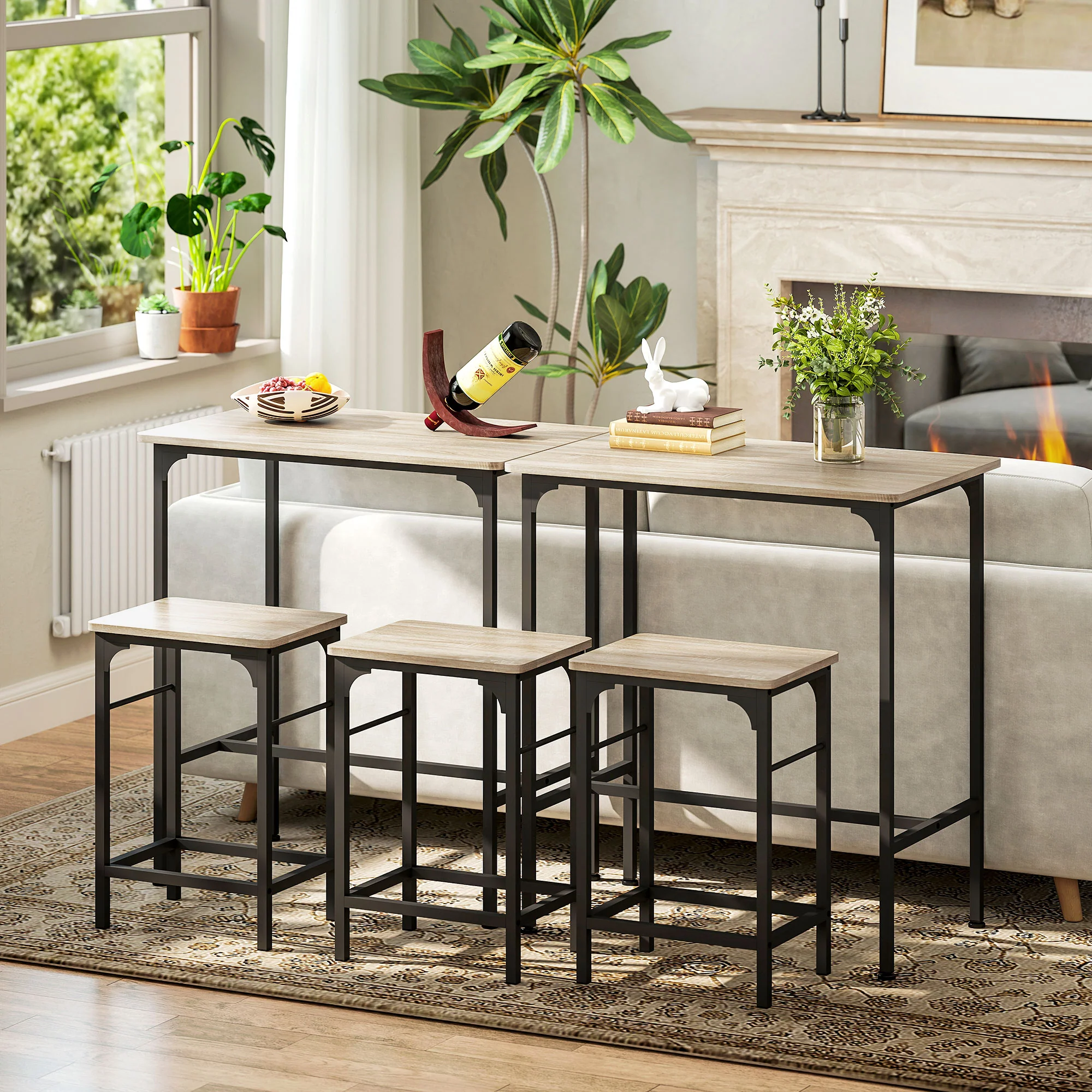 Ensemble table de bar avec tabourets, table à manger debout avec 2 chaises de bar, cadre en acier pour cuisine, salle à manger et salon, effet bois naturel - Image 9