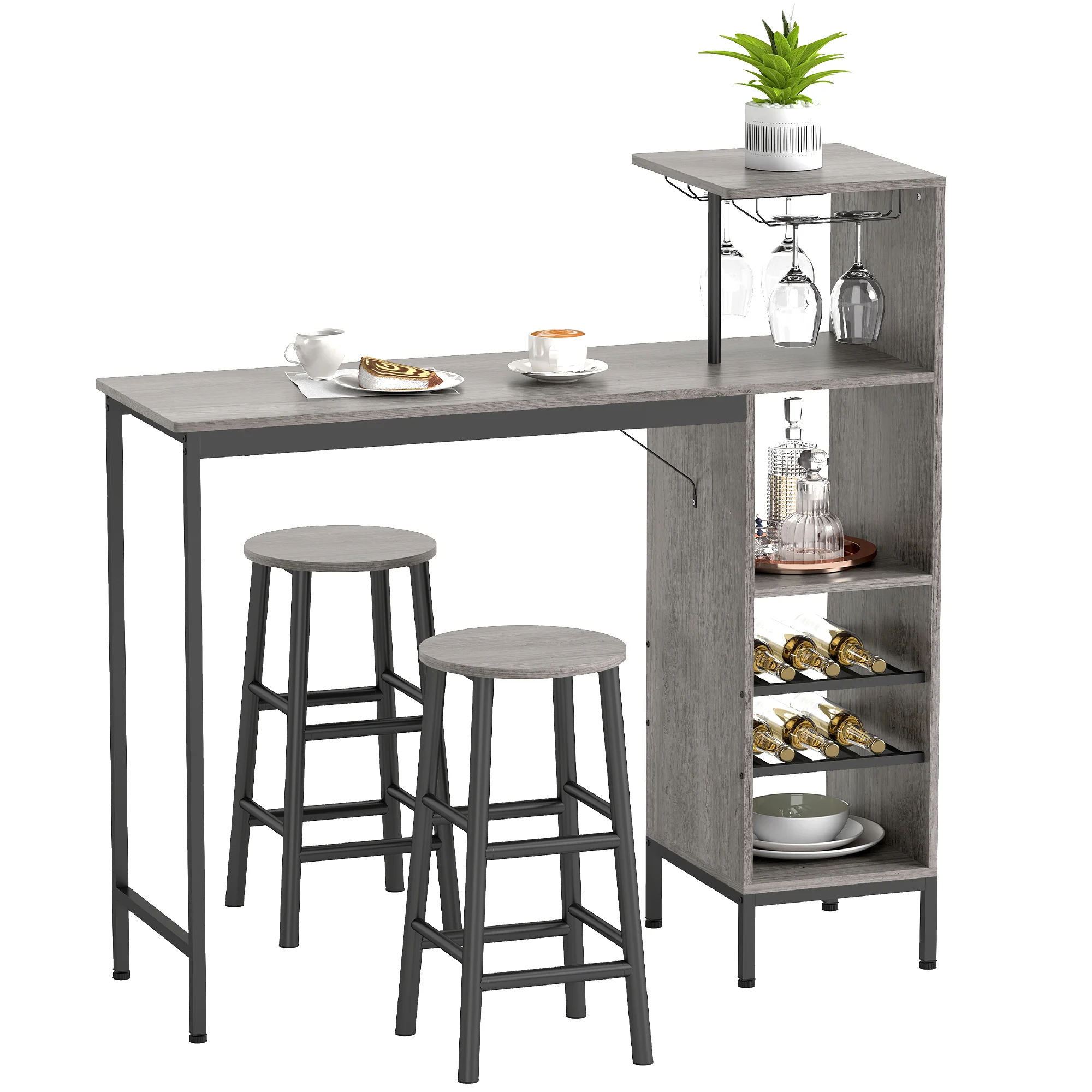 Ensemble table de bar avec tabourets, table à manger debout avec 2 chaises de bar rond avec repose-pieds, avec étagères de rangement, casiers à vin, porte-verres, effet bois naturel - Image 12