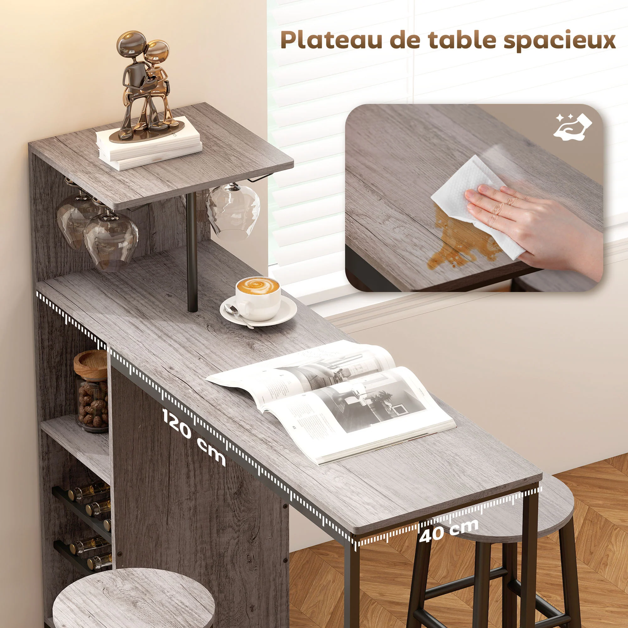 Ensemble table de bar avec tabourets, table à manger debout avec 2 chaises de bar rond avec repose-pieds, avec étagères de rangement, casiers à vin, porte-verres, effet bois naturel - Image 6