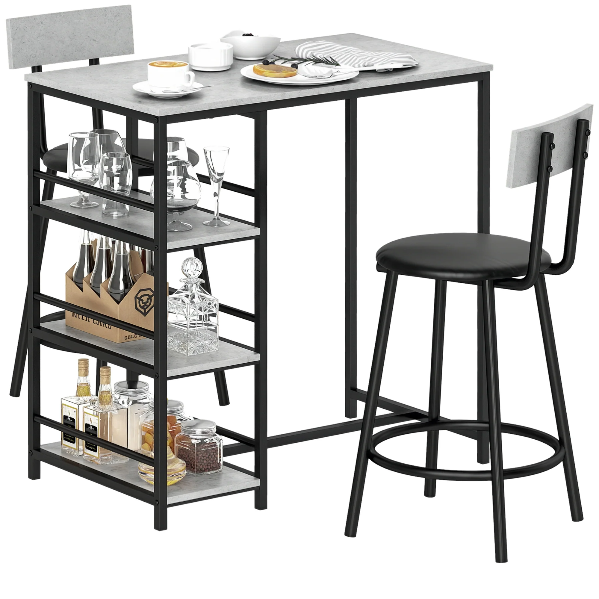 Ensemble table de bar avec tabourets, table à manger debout avec 2 chaises de bar, table haute cuisine avec étagères, table haute bar et 2 tabourets pour salle à manger, cuisine, gris et noir - Image 11