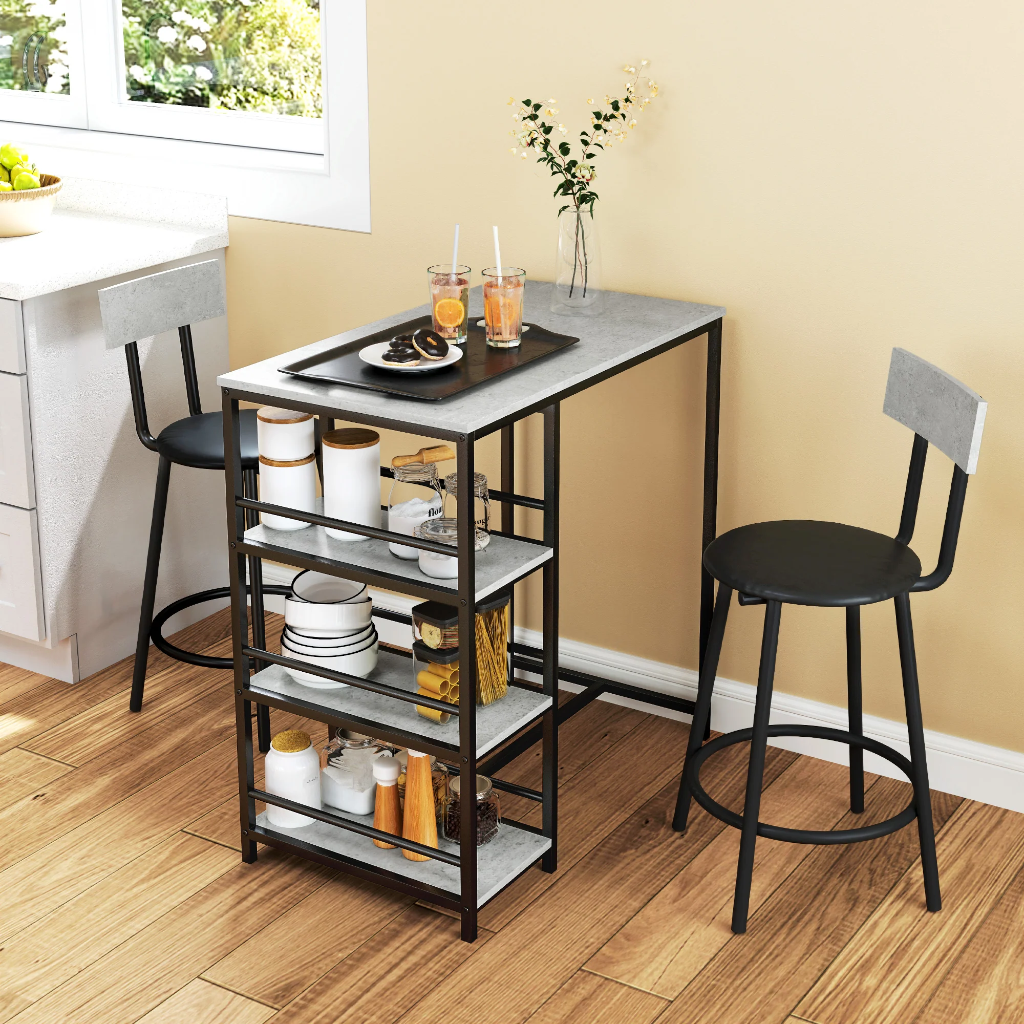 Ensemble table de bar avec tabourets, table à manger debout avec 2 chaises de bar, table haute cuisine avec étagères, table haute bar et 2 tabourets pour salle à manger, cuisine, gris et noir - Image 3