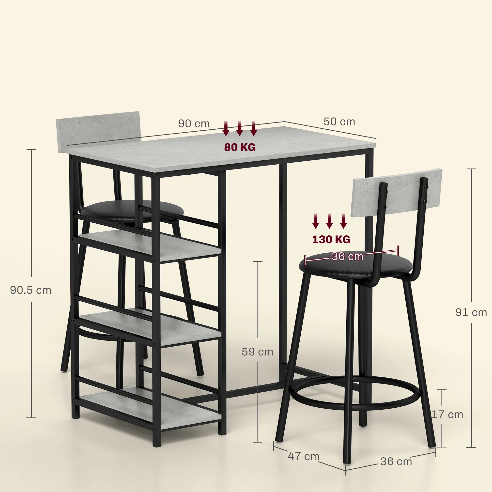 Ensemble table de bar avec tabourets, table à manger debout avec 2 chaises de bar, table haute cuisine avec étagères, table haute bar et 2 tabourets pour salle à manger, cuisine, gris et noir - Image 4