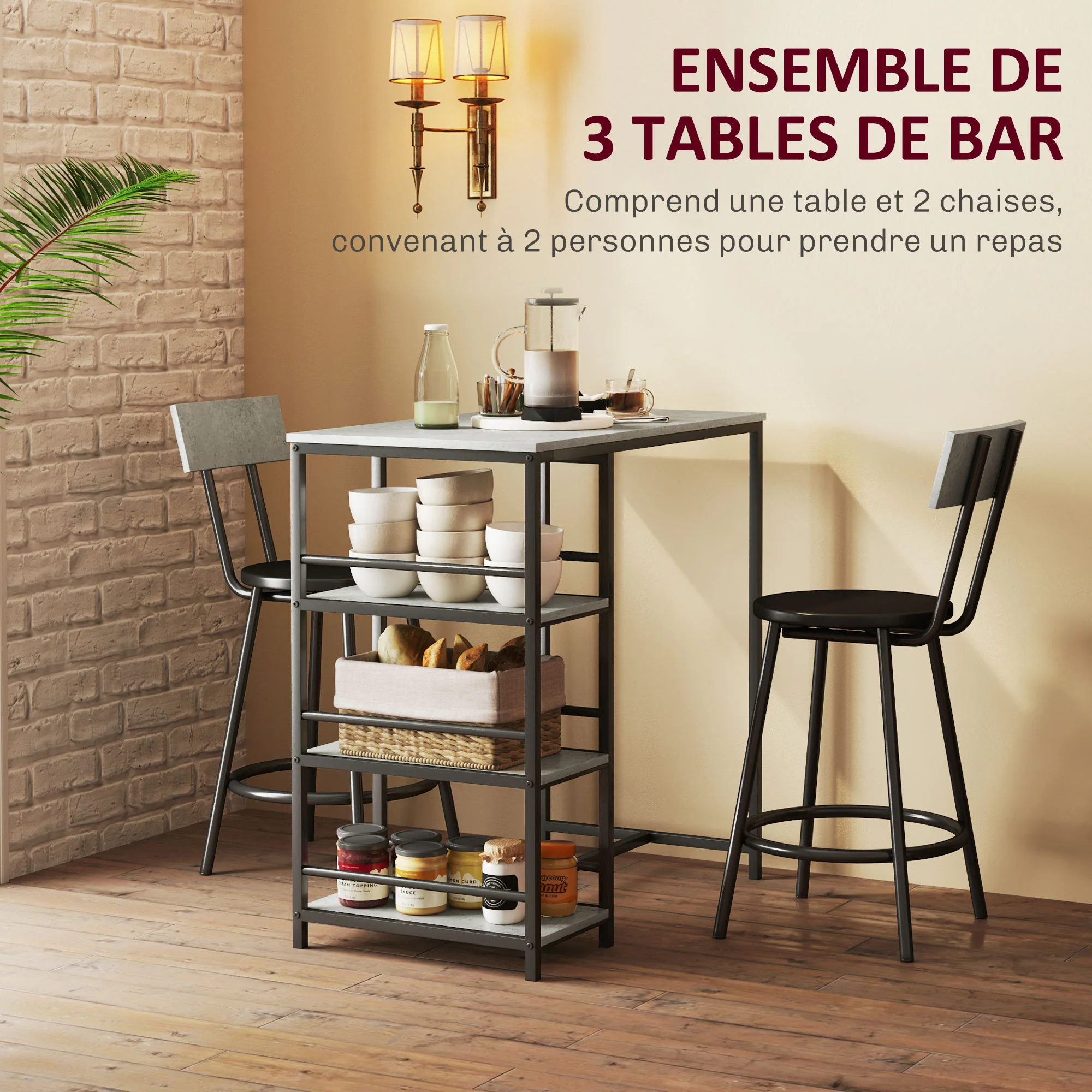 Ensemble table de bar avec tabourets, table à manger debout avec 2 chaises de bar, table haute cuisine avec étagères, table haute bar et 2 tabourets pour salle à manger, cuisine, gris et noir - Image 5
