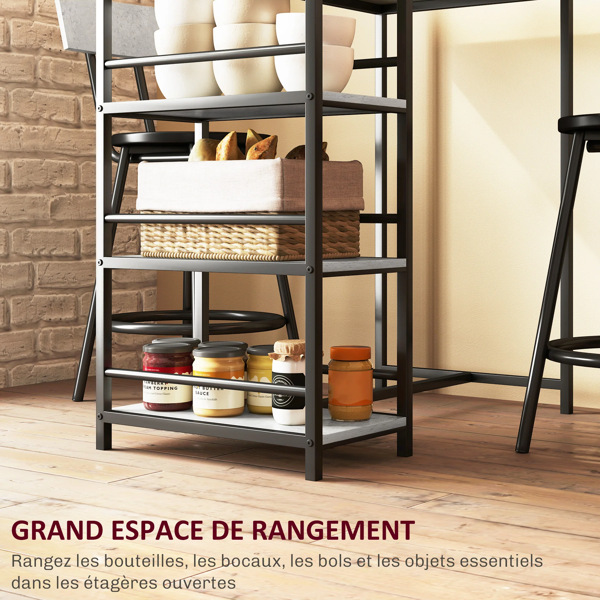 Ensemble table de bar avec tabourets, table à manger debout avec 2 chaises de bar, table haute cuisine avec étagères, table haute bar et 2 tabourets pour salle à manger, cuisine, gris et noir - Image 6