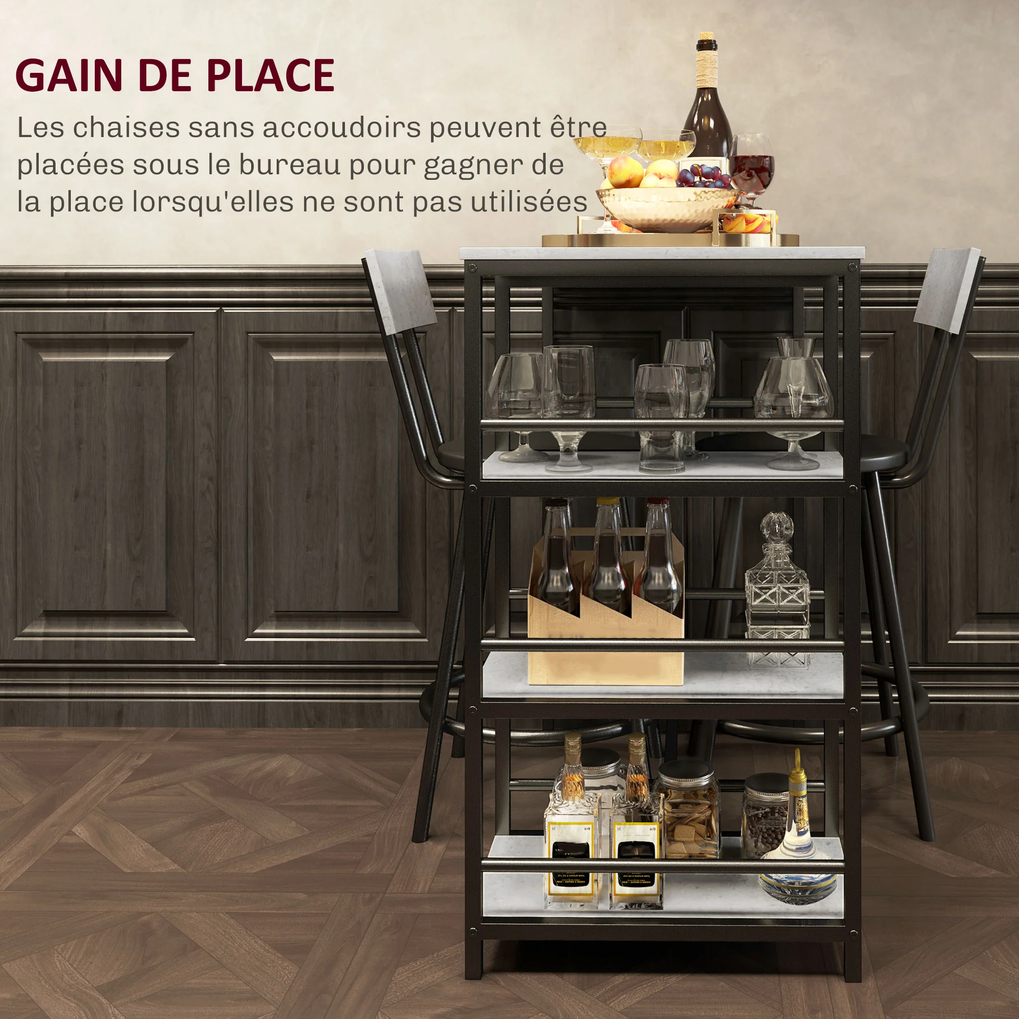 Ensemble table de bar avec tabourets, table à manger debout avec 2 chaises de bar, table haute cuisine avec étagères, table haute bar et 2 tabourets pour salle à manger, cuisine, gris et noir - Image 7