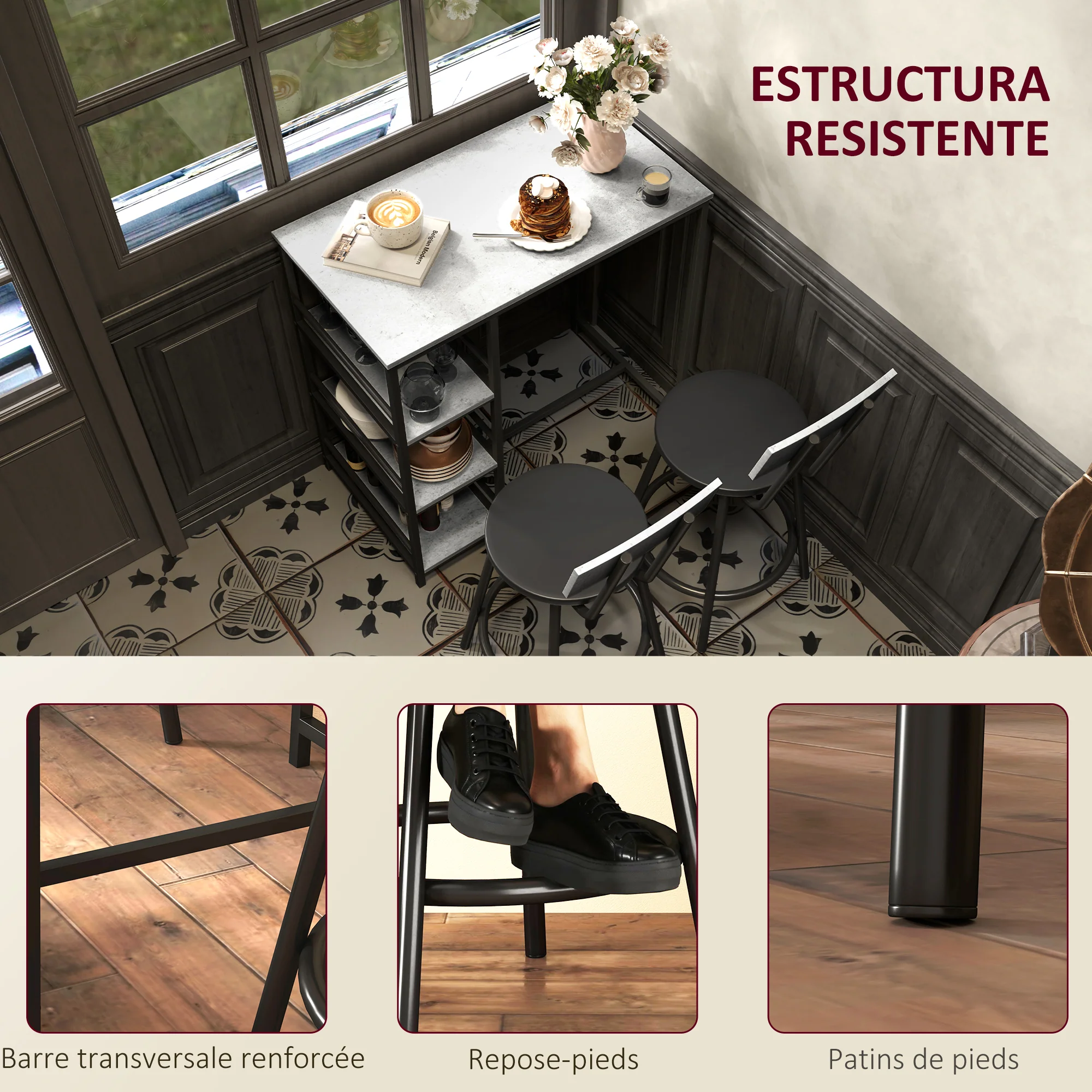Ensemble table de bar avec tabourets, table à manger debout avec 2 chaises de bar, table haute cuisine avec étagères, table haute bar et 2 tabourets pour salle à manger, cuisine, gris et noir - Image 8