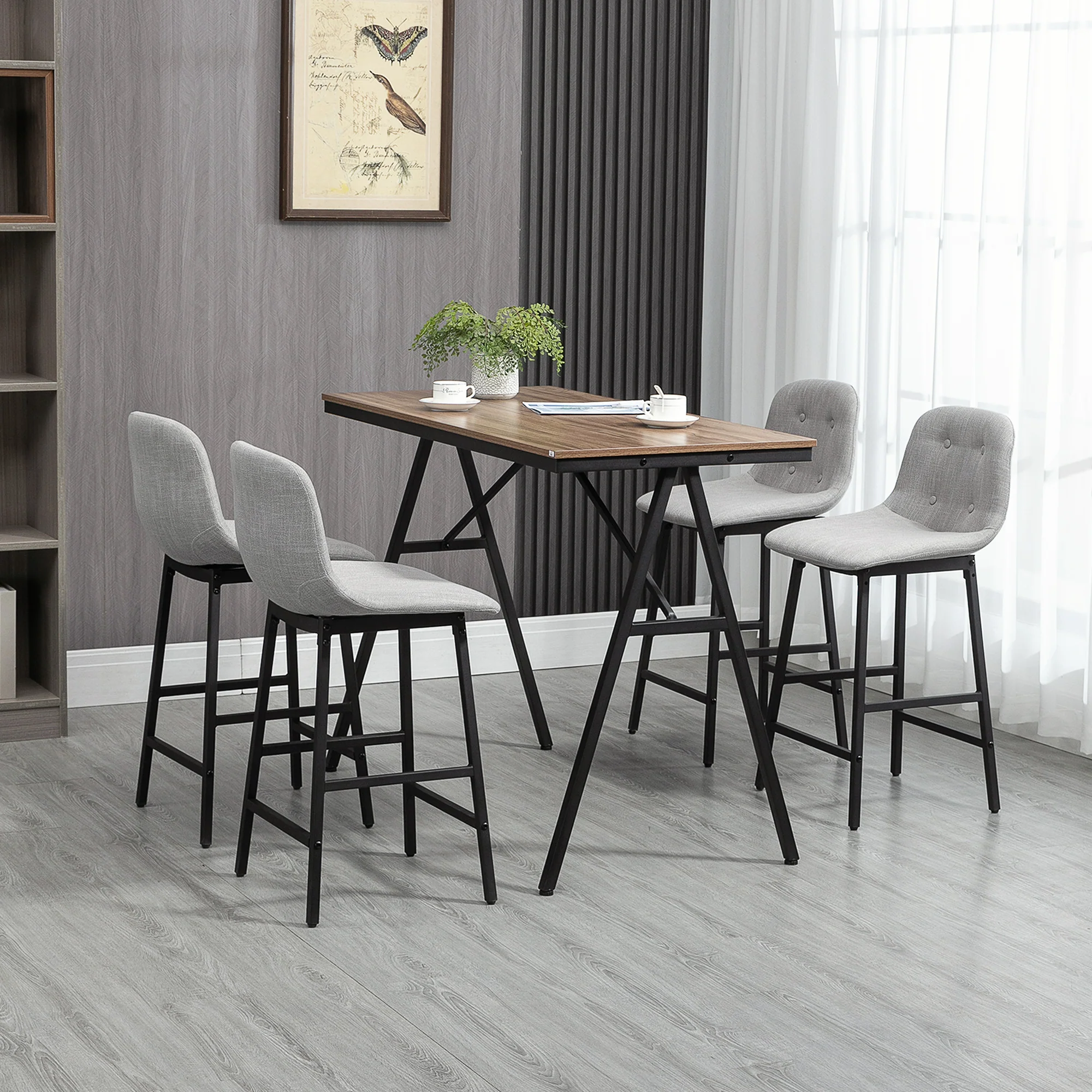 Ensemble table de bar avec tabourets, table à manger debout avec 4 chaises rembourrées, pieds en acier, style industriel, table haute bar et 4 tabourets pour salle à manger, cuisine, gris clair - Image 3