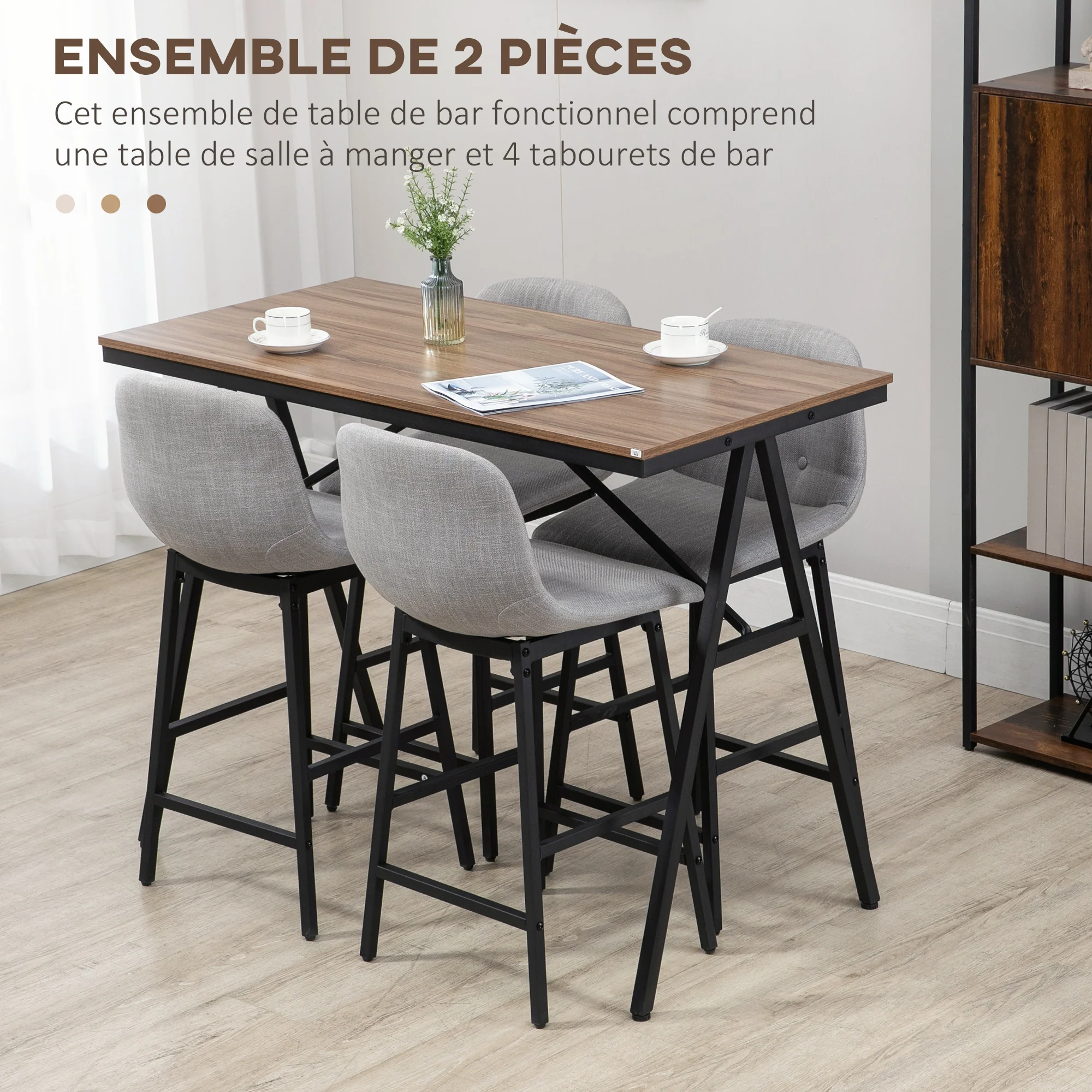 Ensemble table de bar avec tabourets, table à manger debout avec 4 chaises rembourrées, pieds en acier, style industriel, table haute bar et 4 tabourets pour salle à manger, cuisine, gris clair - Image 5