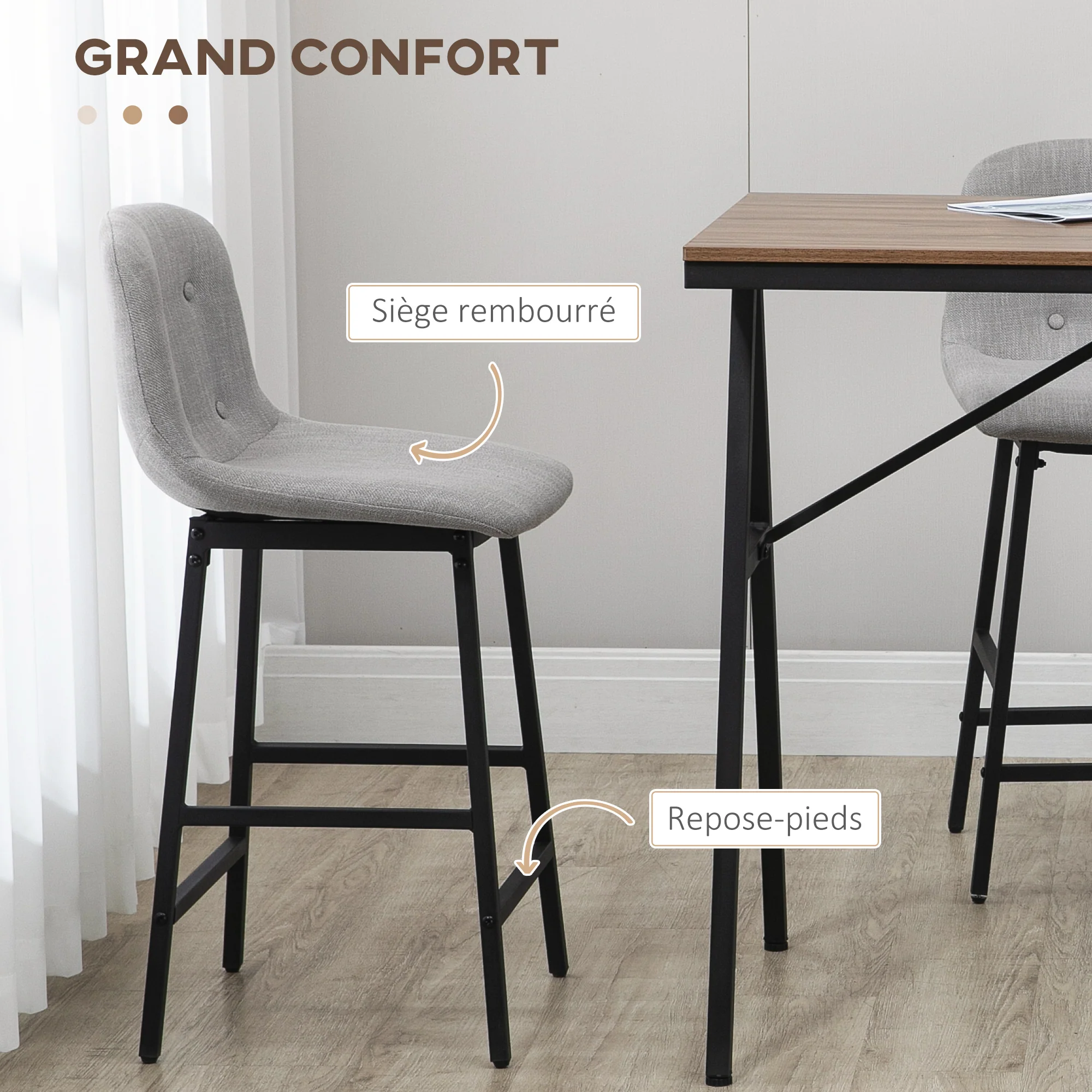 Ensemble table de bar avec tabourets, table à manger debout avec 4 chaises rembourrées, pieds en acier, style industriel, table haute bar et 4 tabourets pour salle à manger, cuisine, gris clair - Image 6