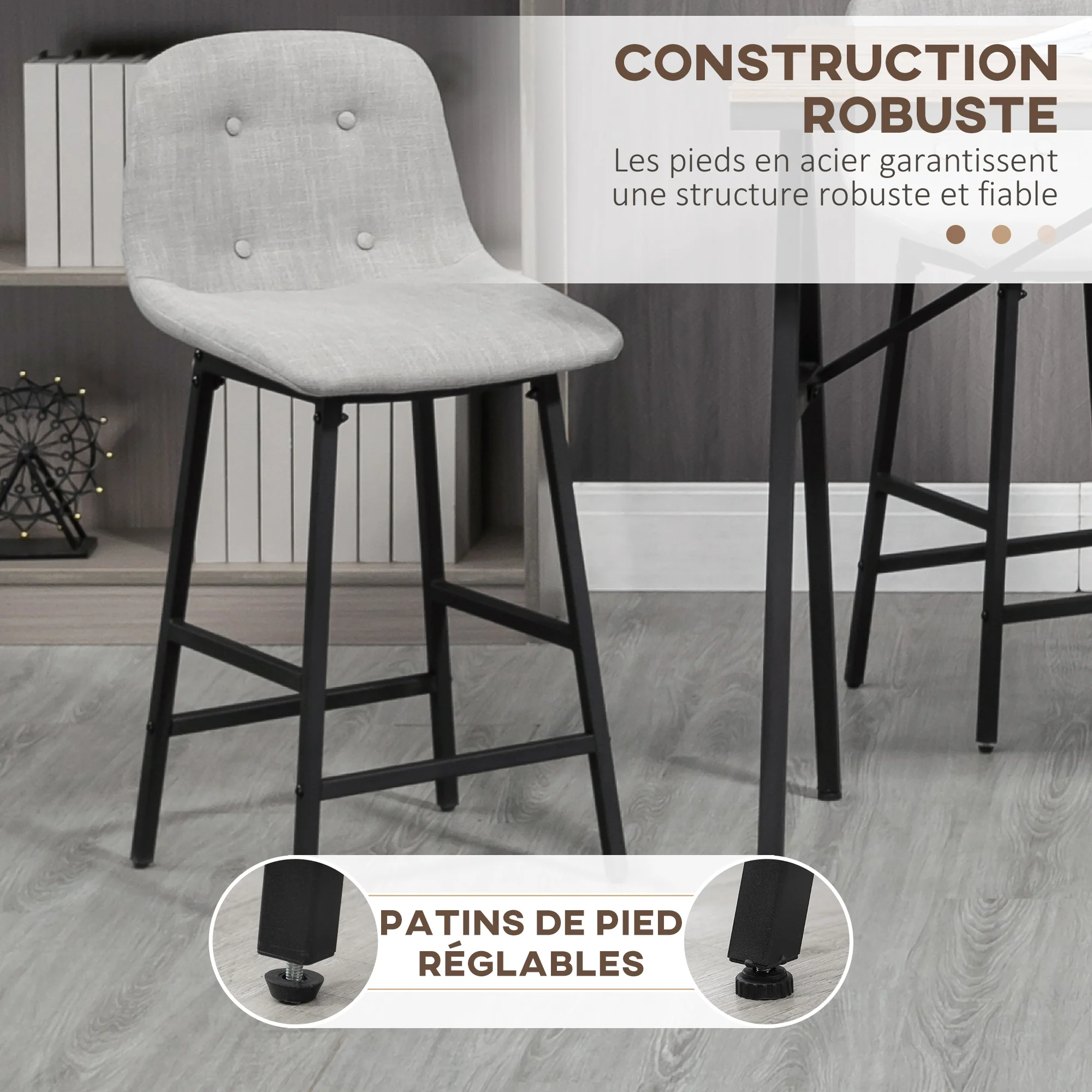 Ensemble table de bar avec tabourets, table à manger debout avec 4 chaises rembourrées, pieds en acier, style industriel, table haute bar et 4 tabourets pour salle à manger, cuisine, gris clair - Image 7