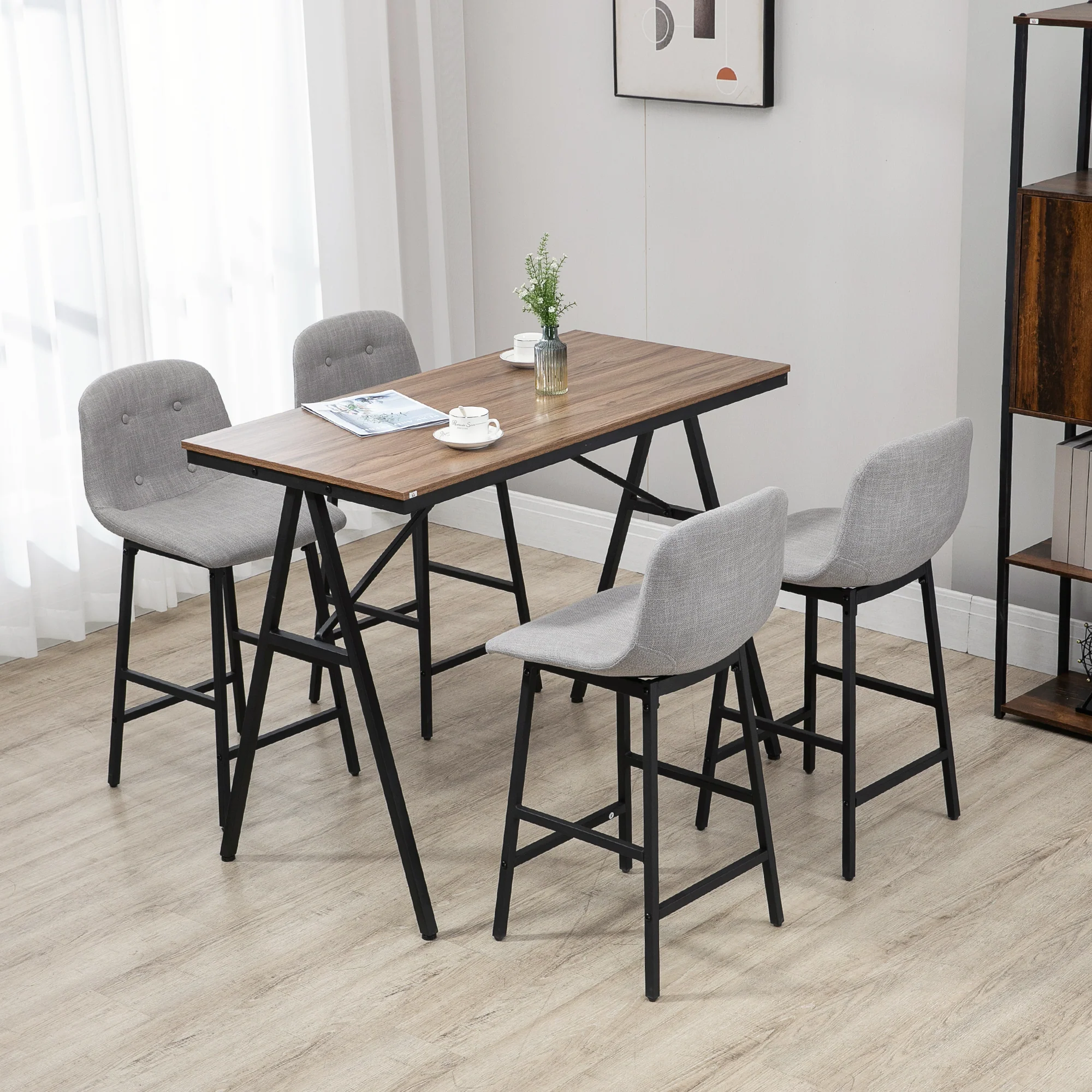Ensemble table de bar avec tabourets, table à manger debout avec 4 chaises rembourrées, pieds en acier, style industriel, table haute bar et 4 tabourets pour salle à manger, cuisine, gris clair - Image 8