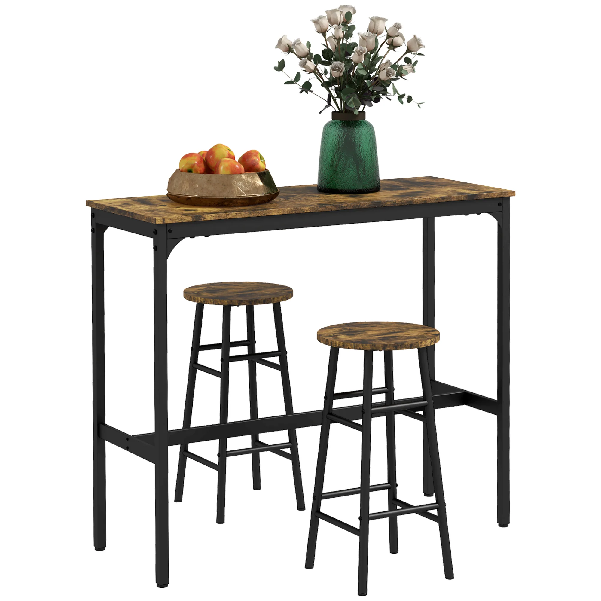 Ensemble table de bar bistrot + 2 tabourets avec repose-pieds table mange-debout structure en acier design industriel table haute de cuisine plateau aspect brun rustique noir - Image 11