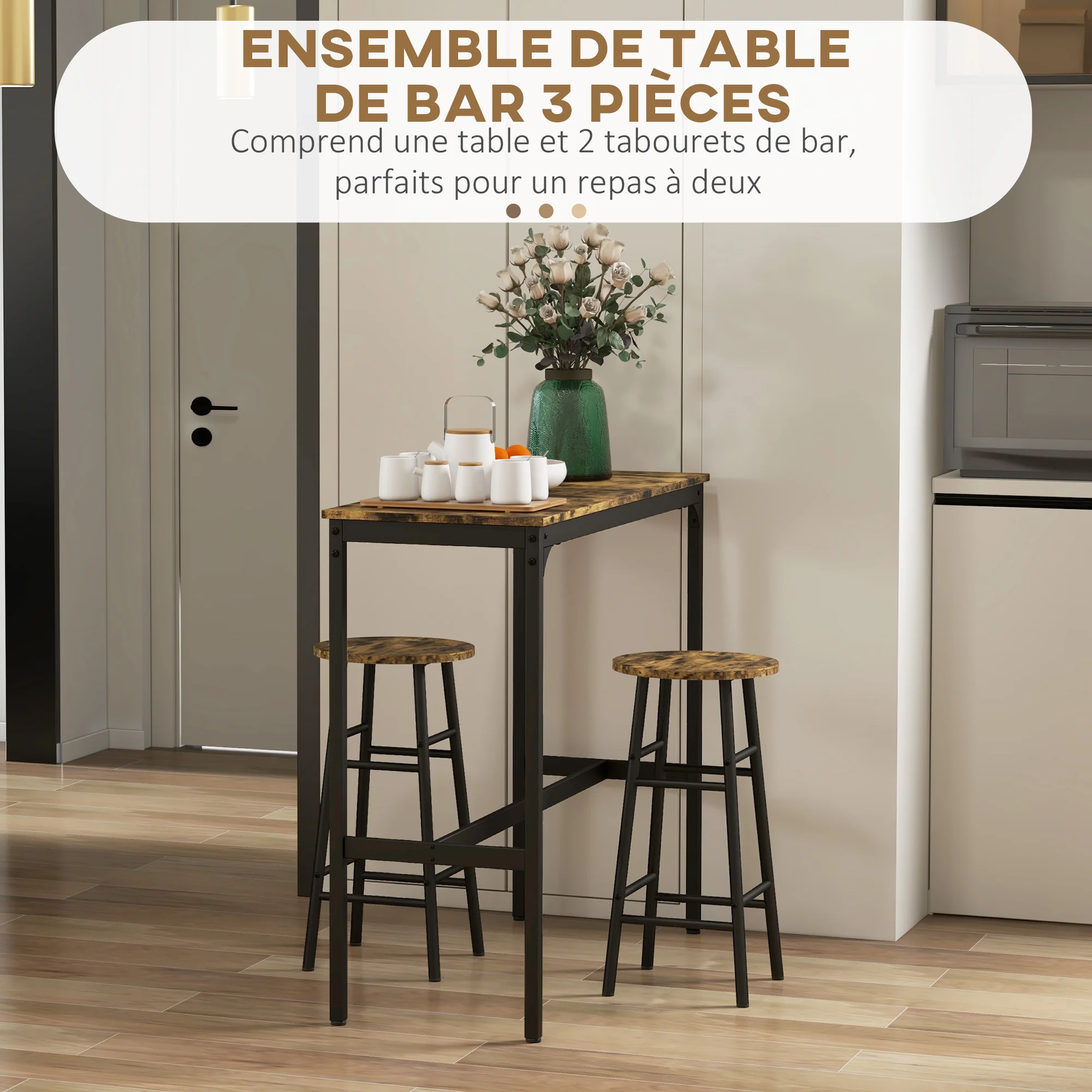 Ensemble table de bar bistrot + 2 tabourets avec repose-pieds table mange-debout structure en acier design industriel table haute de cuisine plateau aspect brun rustique noir - Image 5