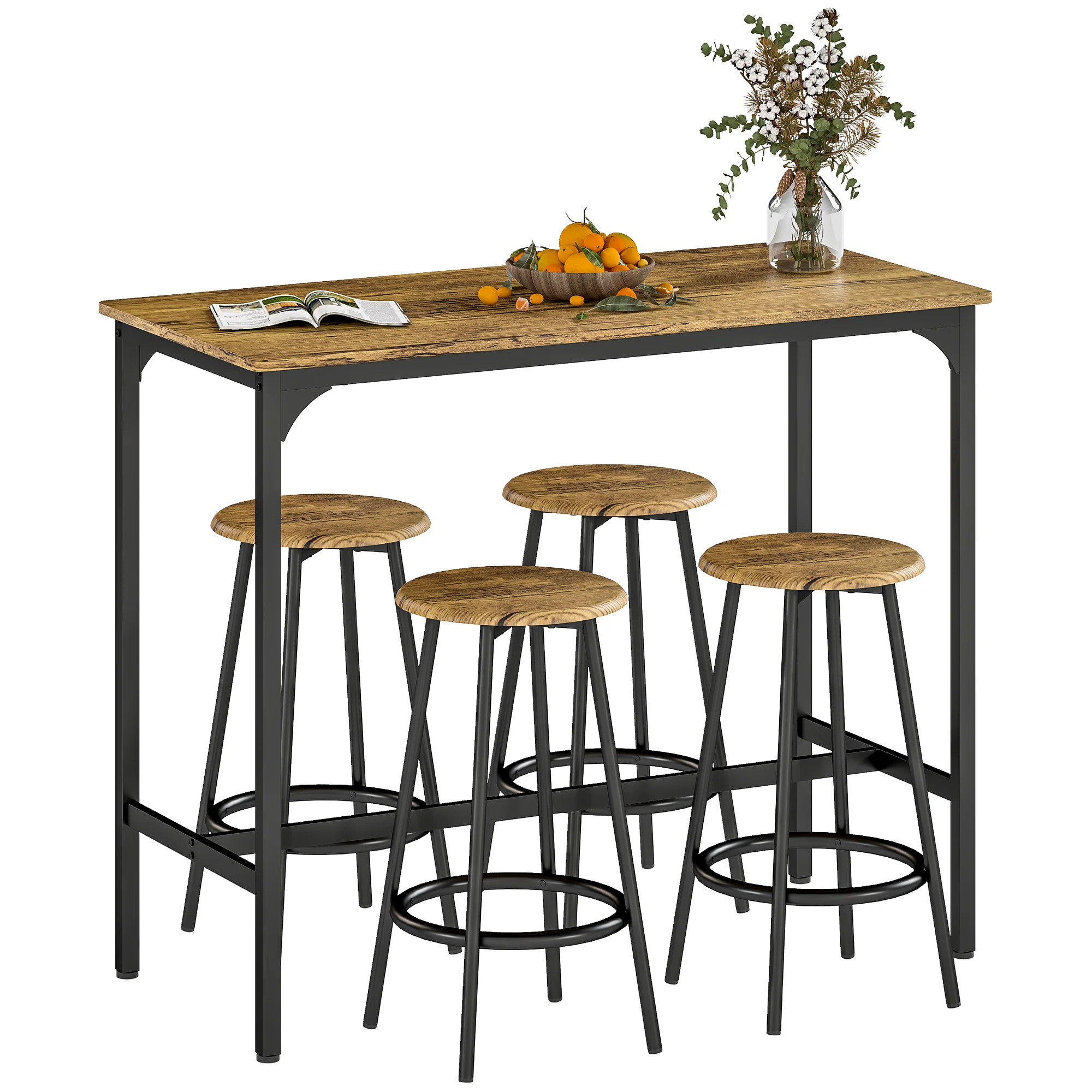 Ensemble table de bar bistrot avec 4 tabourets de bar, ensemble table haute cuisine et tabourets, avec repose-pieds, style moderne, structutre en métal, pour cuisine, salle à manger, marron - Image 11