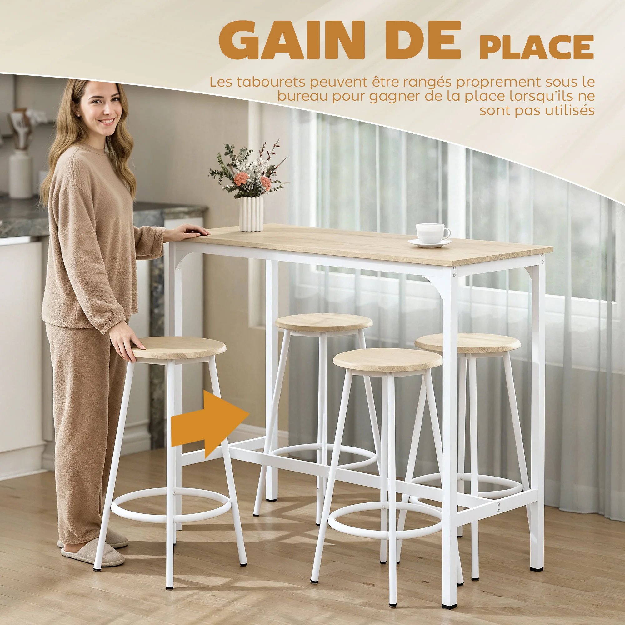 Ensemble table de bar bistrot avec 4 tabourets de bar, ensemble table haute cuisine et tabourets, avec repose-pieds, style moderne, structutre en métal, pour cuisine, salle à manger, naturel - Image 6