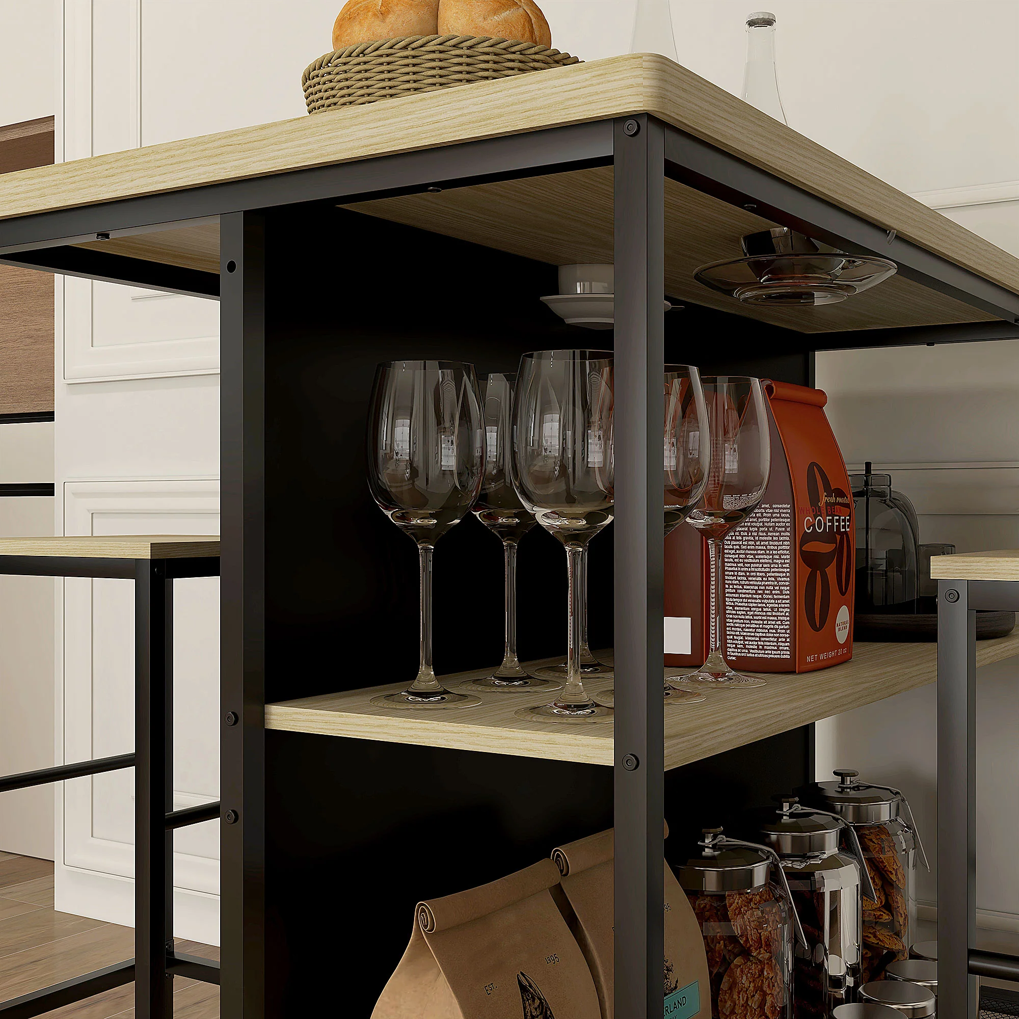 Ensemble table de bar et 2 tabourets style industriel avec étagère de rangement, repose-pieds, métal noir et aspect bois - Image 10