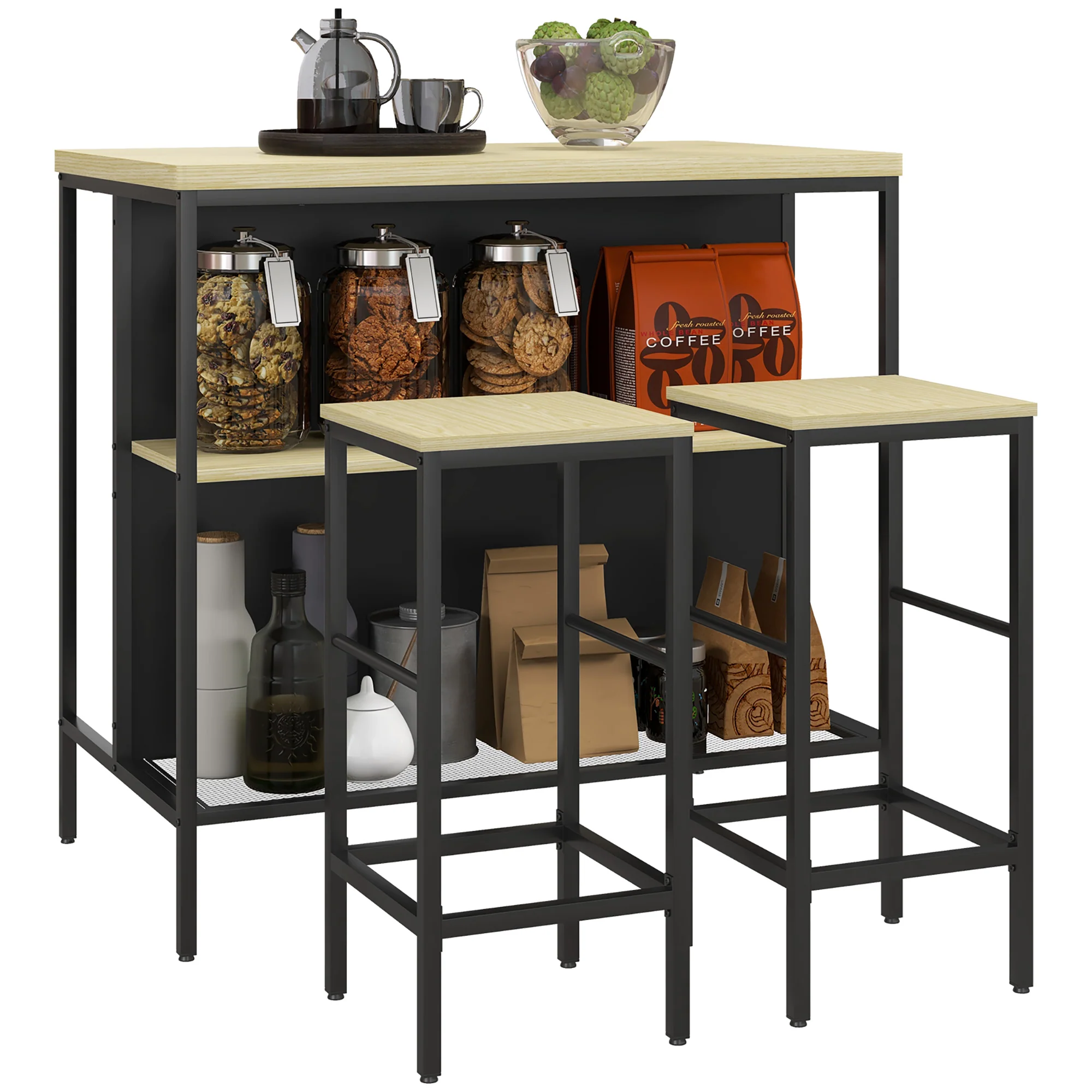 Ensemble table de bar et 2 tabourets style industriel avec étagère de rangement, repose-pieds, métal noir et aspect bois - Image 11