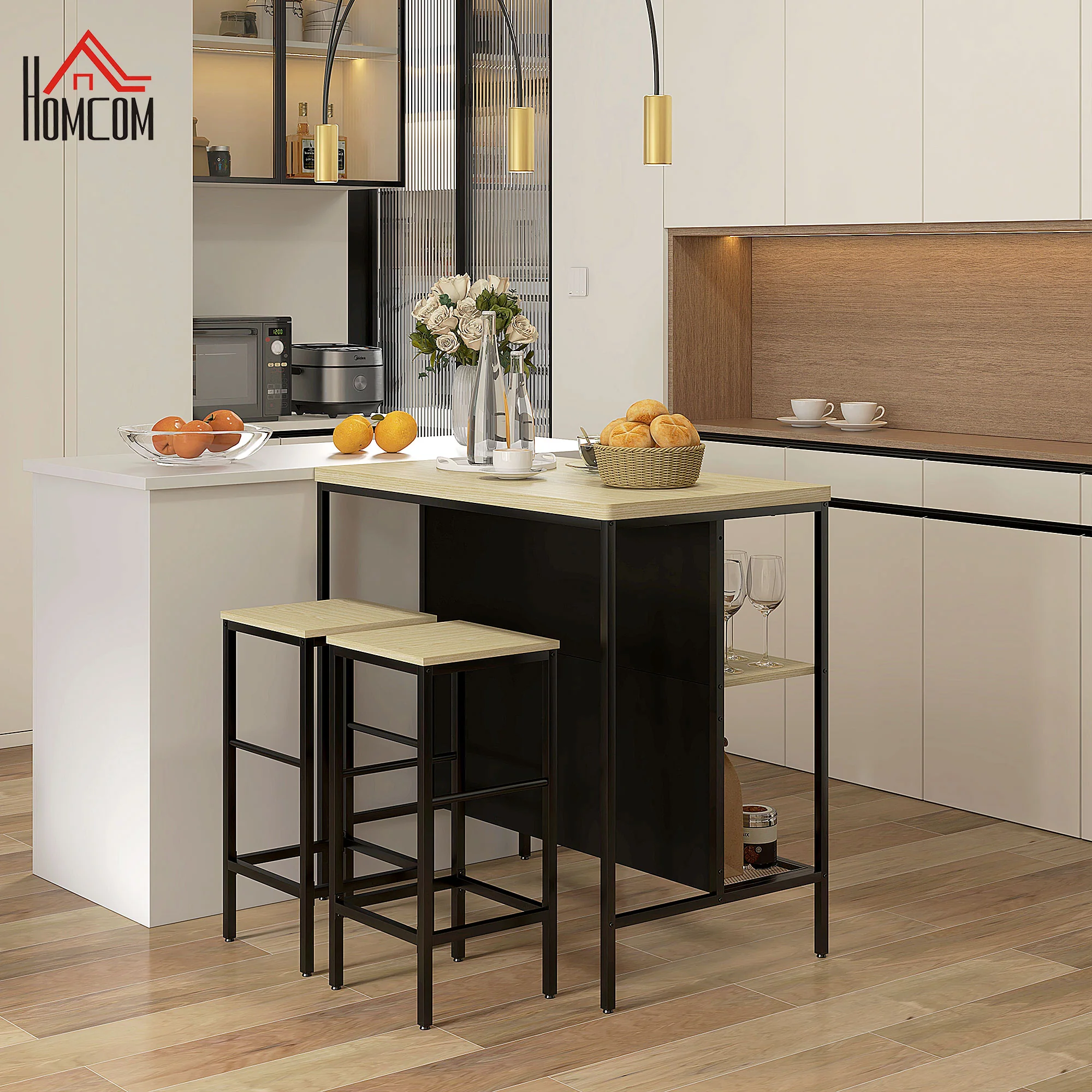 Ensemble table de bar et 2 tabourets style industriel avec étagère de rangement, repose-pieds, métal noir et aspect bois - Image 3