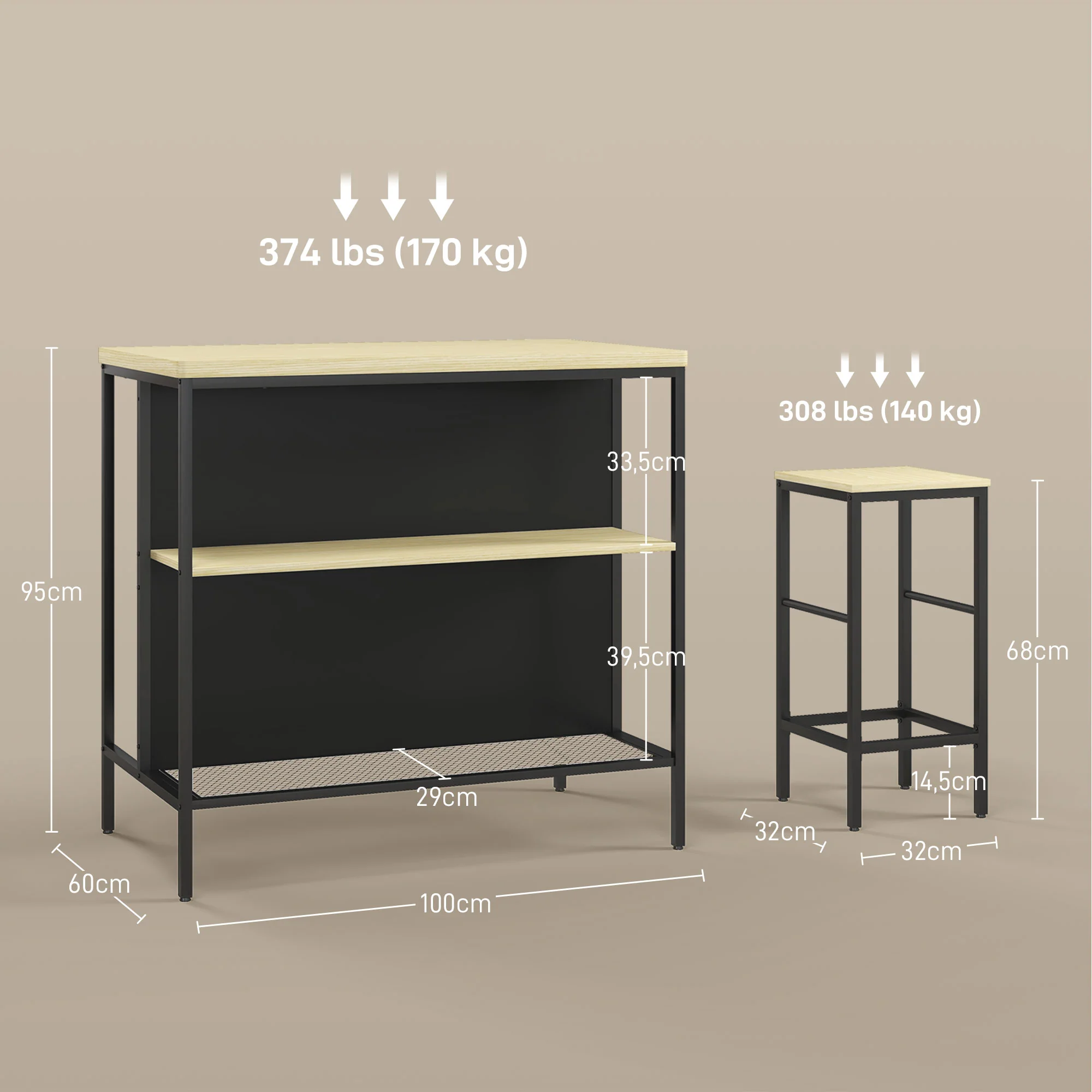 Ensemble table de bar et 2 tabourets style industriel avec étagère de rangement, repose-pieds, métal noir et aspect bois - Image 4