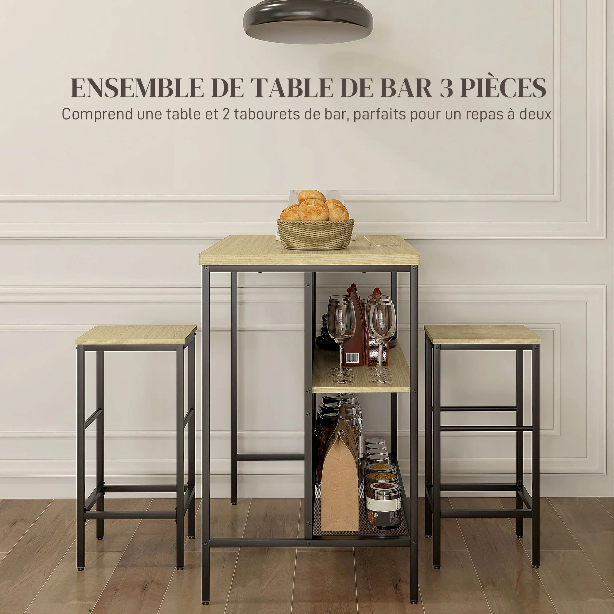 Ensemble table de bar et 2 tabourets style industriel avec étagère de rangement, repose-pieds, métal noir et aspect bois - Image 5