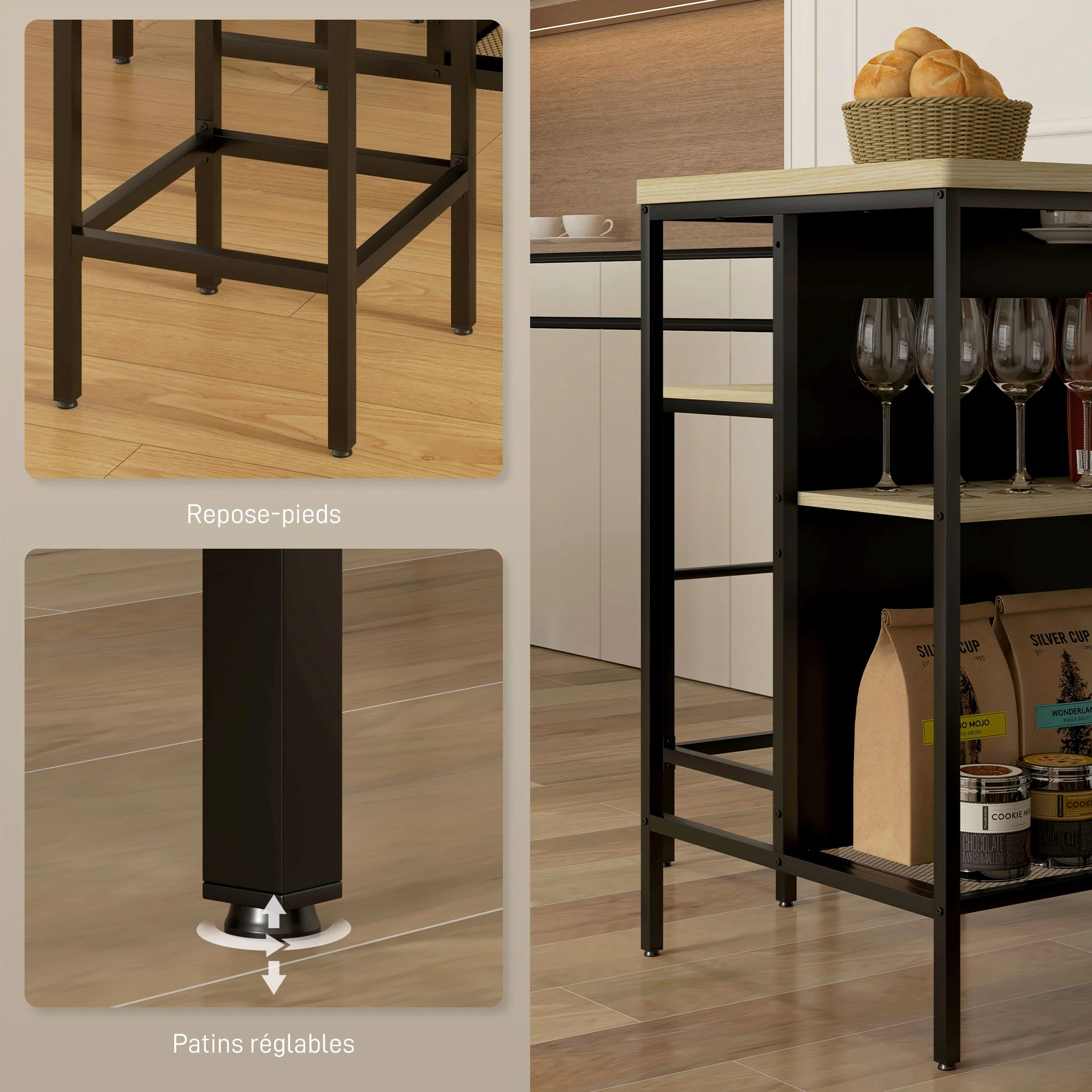 Ensemble table de bar et 2 tabourets style industriel avec étagère de rangement, repose-pieds, métal noir et aspect bois - Image 8