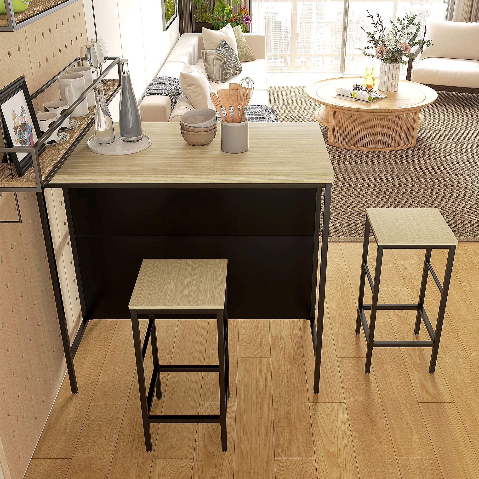 Ensemble table de bar et 2 tabourets style industriel avec étagère de rangement, repose-pieds, métal noir et aspect bois - Image 9