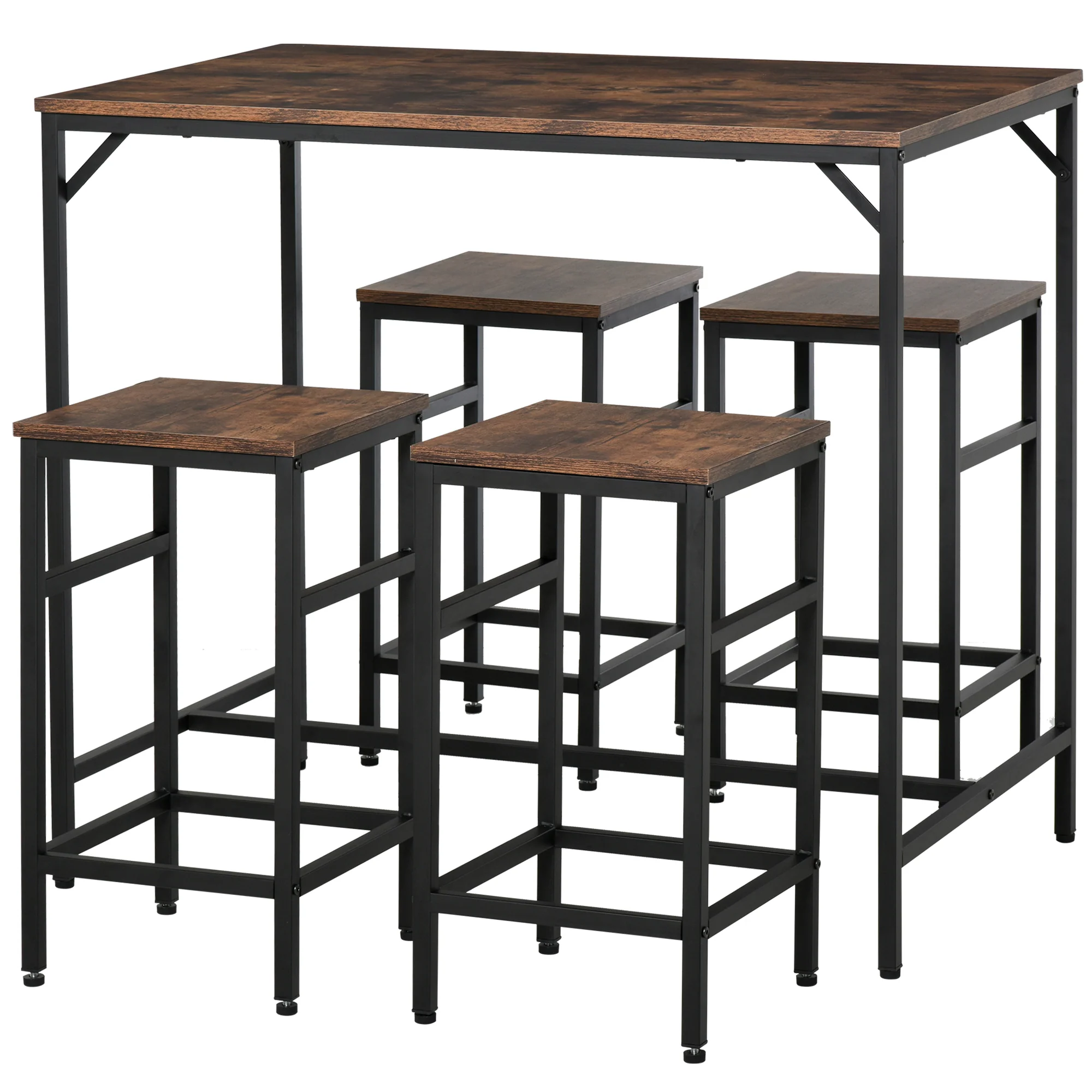 Ensemble Table de Bar Industriel + 4 tabourets Repose-Pieds en Bois couleur Chêne Cadre en métal Noir