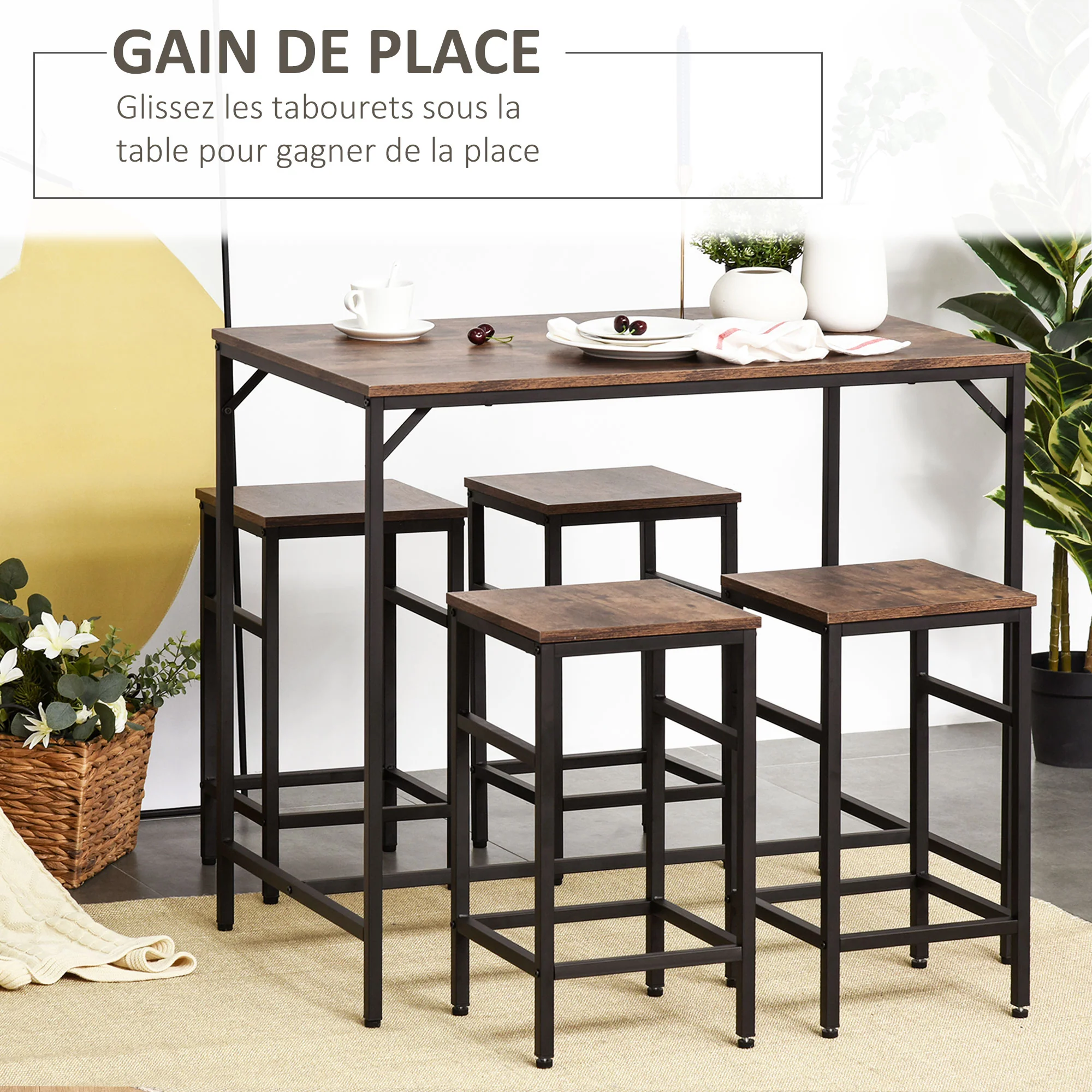 Ensemble Table de Bar Industriel + 4 tabourets Repose-Pieds en Bois couleur Chêne Cadre en métal Noir - Image 5
