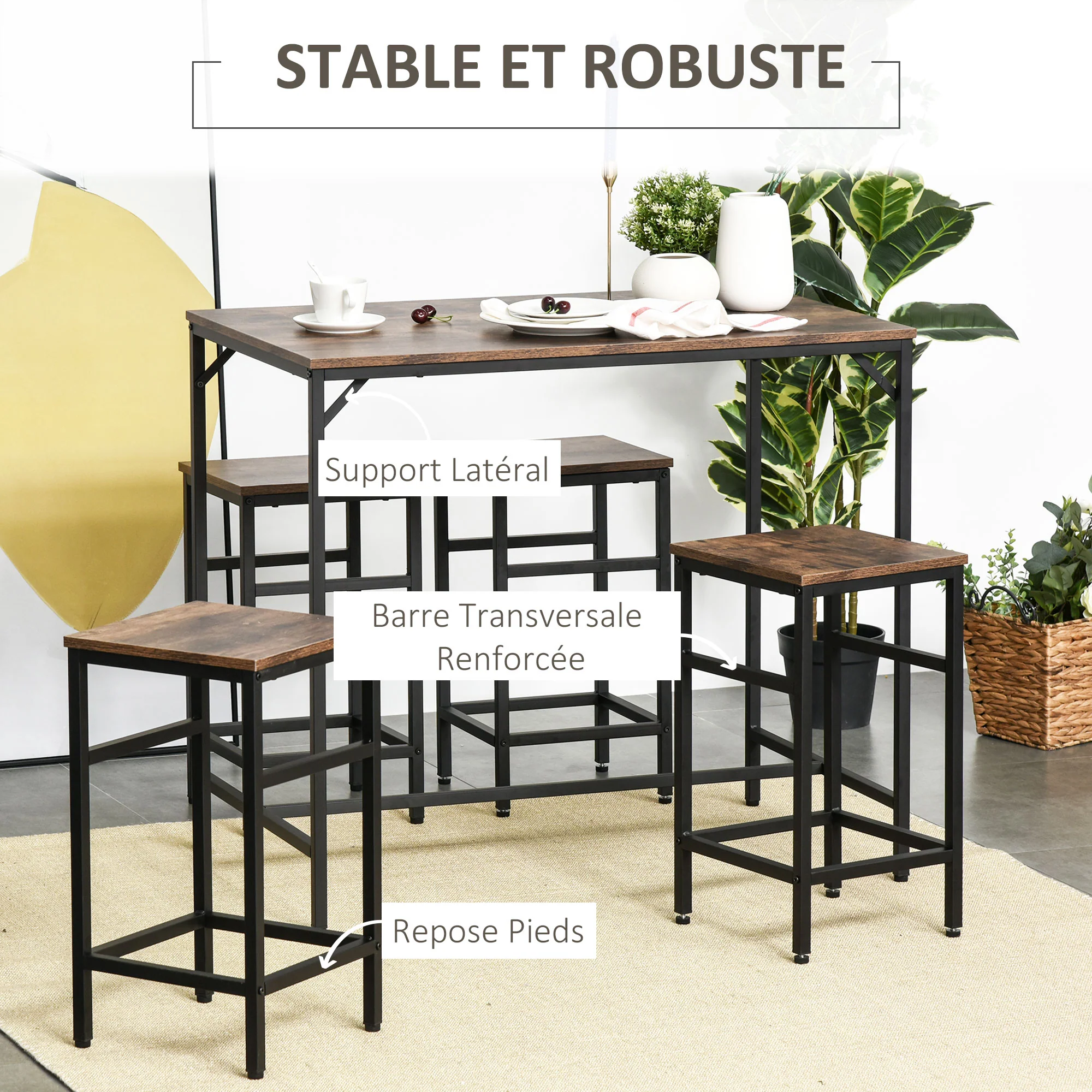 Ensemble Table de Bar Industriel + 4 tabourets Repose-Pieds en Bois couleur Chêne Cadre en métal Noir - Image 6