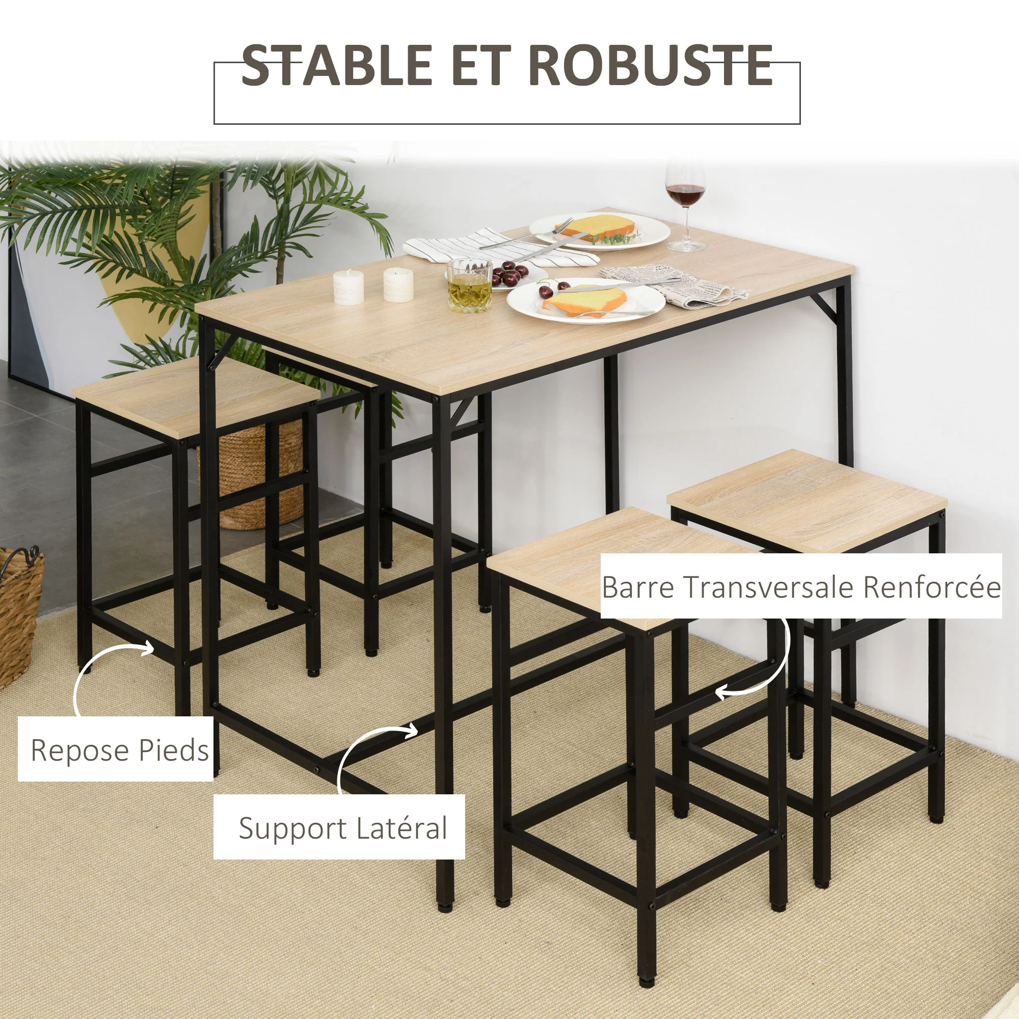 Ensemble Table de Bar Industriel + 4 tabourets Repose-Pieds en Bois couleur Chêne Clair Cadre en métal Noir - Image 6