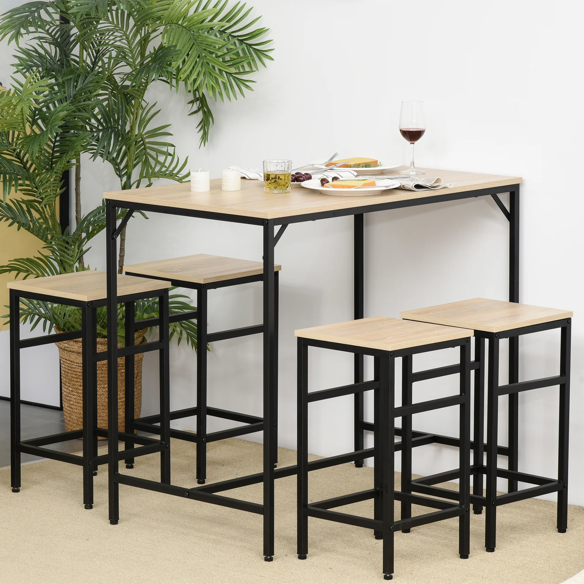 Ensemble Table de Bar Industriel + 4 tabourets Repose-Pieds en Bois couleur Chêne Clair Cadre en métal Noir - Image 9