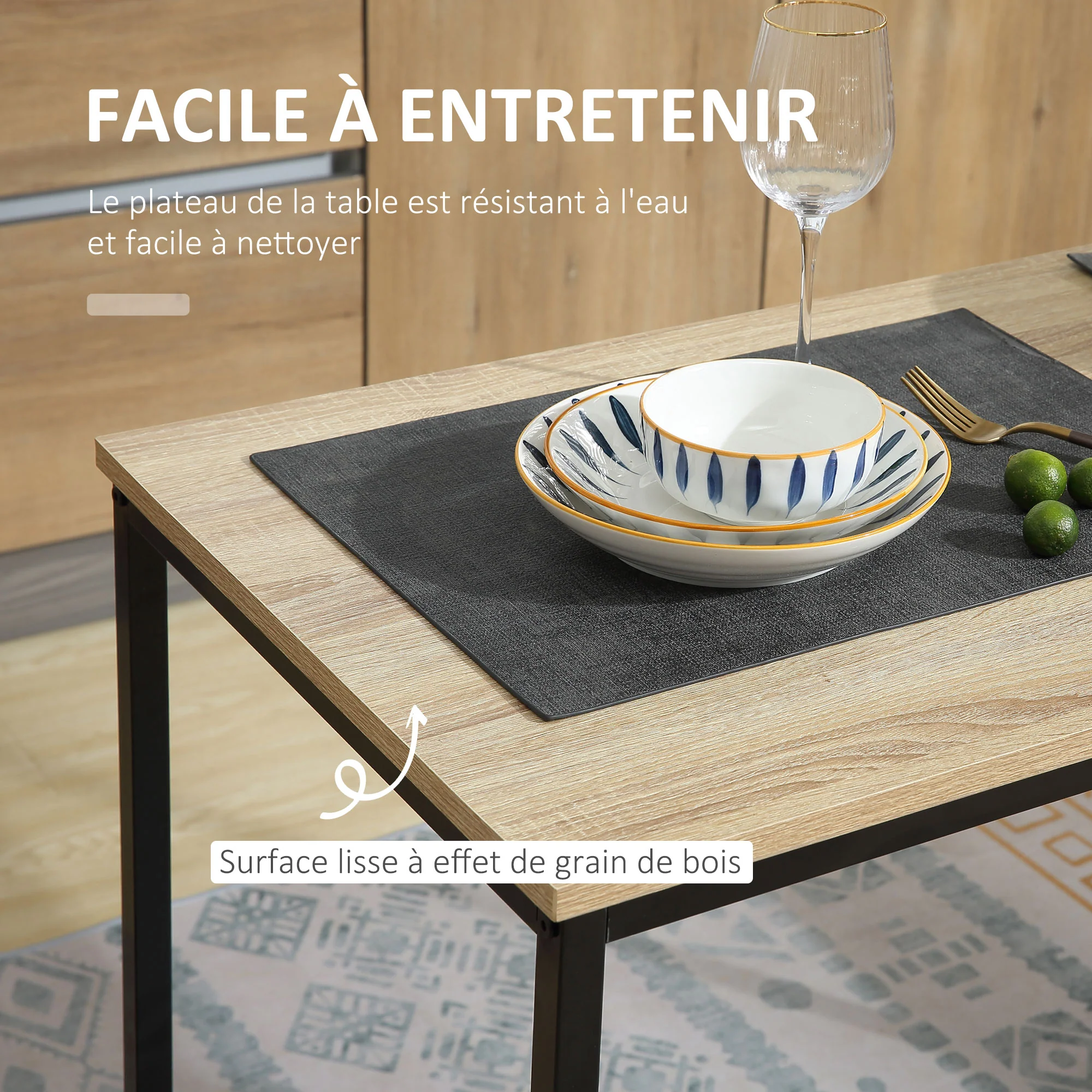 Ensemble Table et chaises de Salle à manger Set de 1 Table + 2 chaises encastrables pour Cuisine - métal Noir Aspect chêne Clair - Image 6