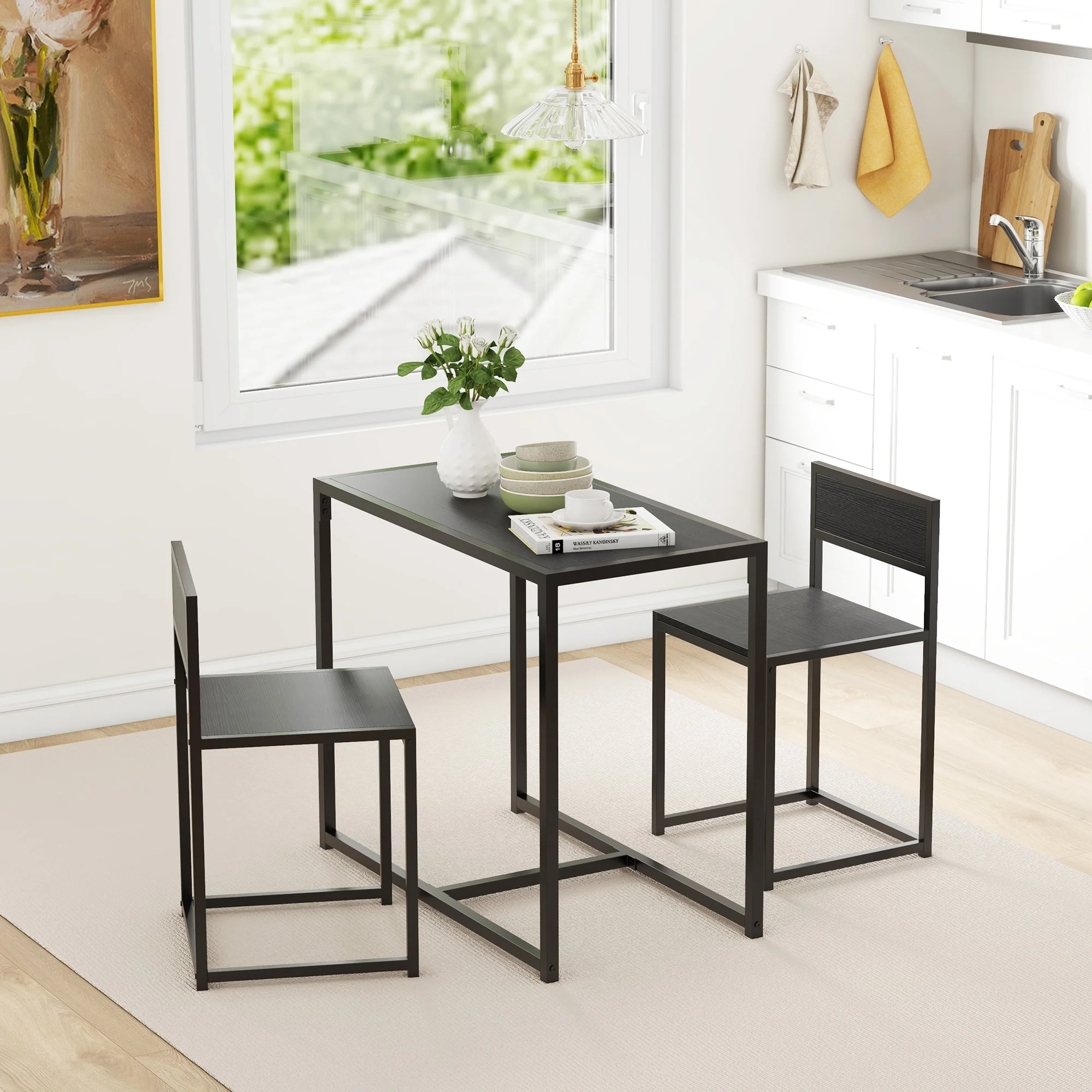 Ensemble table et chaises pour 2 personnes, table de cuisine avec chaises, table à manger 3 pièces avec 2 chaises encastrables, pour cuisine salon maison, noir - Image 9